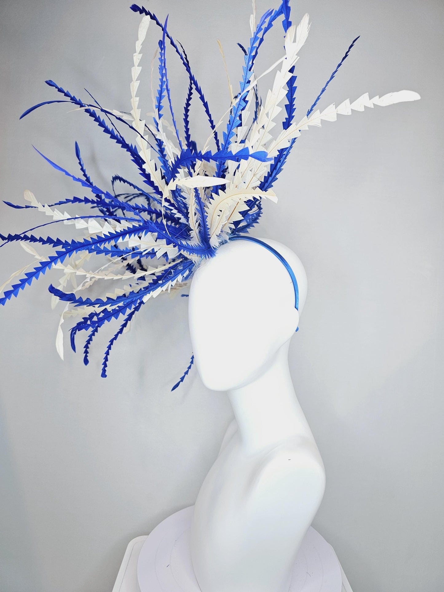 kentucky derby hat fascinator huge royal blue and cream white zigzag long feather showstopper headpiece
