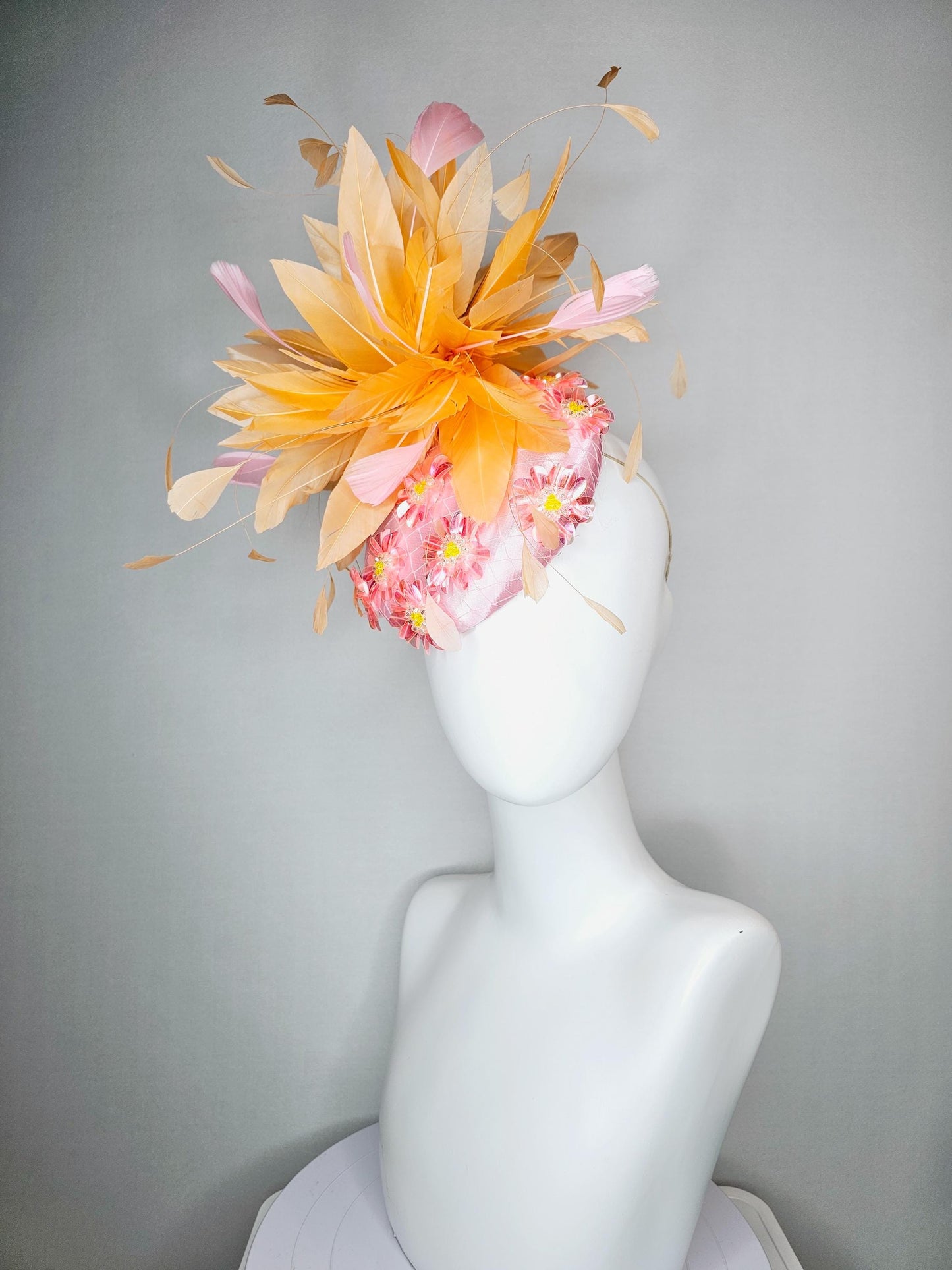 kentucky derby hat fascinator baby pink satin with netting iridescent light pink sequin flower and light pink burnt orange branch feathers
