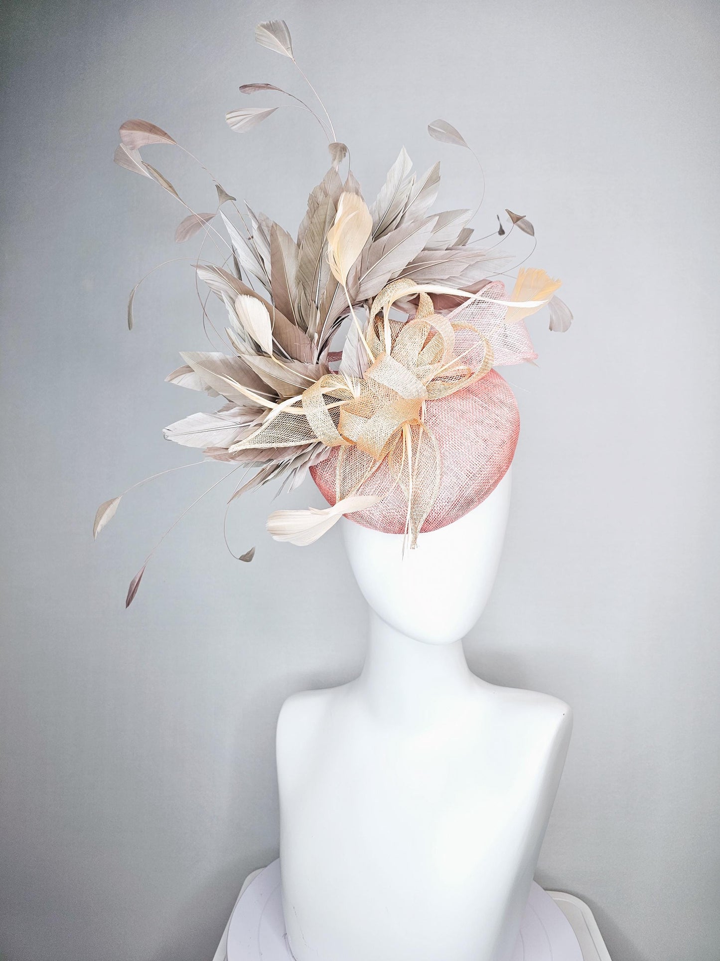 kentucky derby hat fascinator light pink sinamay neutral taupe beige sinamay curls gray taupe branching feathers