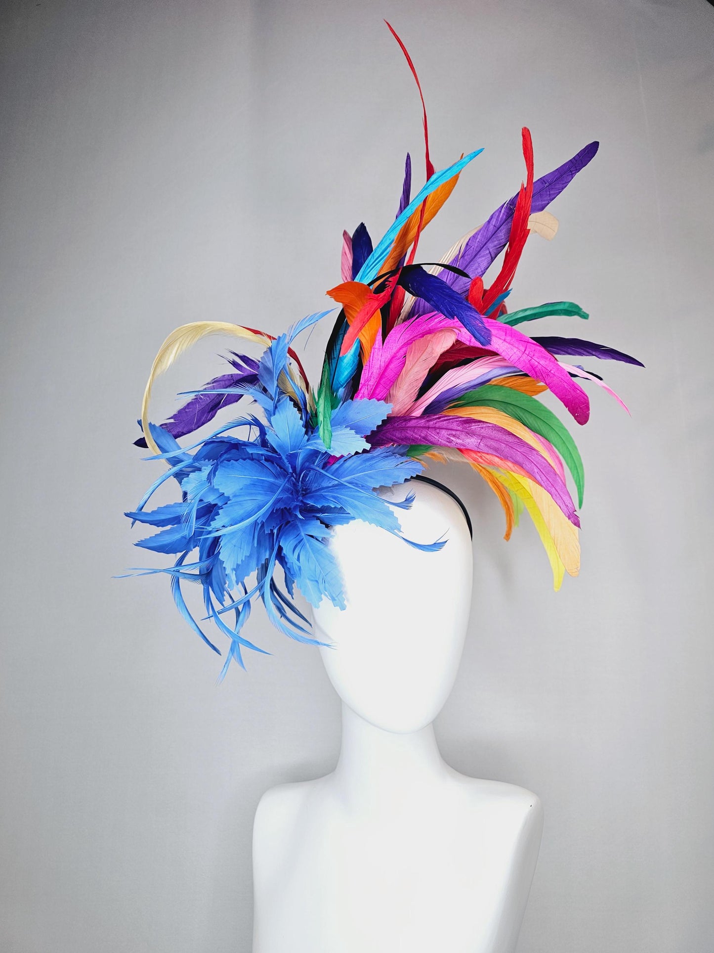 kentucky derby hat fascinator royal blue zigzag feather flower with colorful rainbow red pink purple yellow green branching feathers