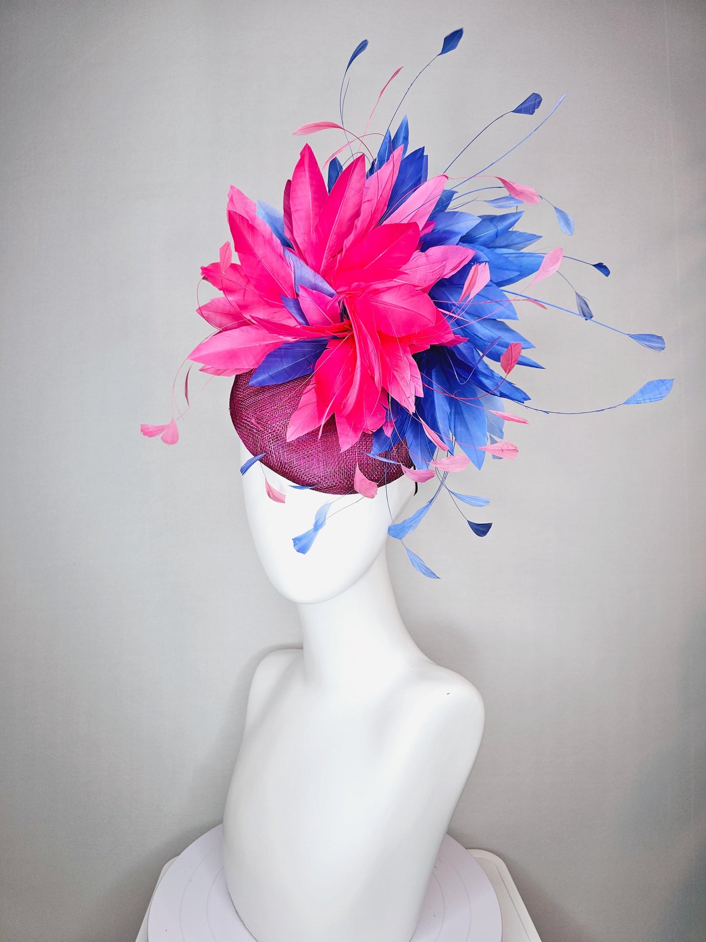 kentucky derby hat fascinator magenta purple plum sinamay with royal blue and bright pink branching feathers