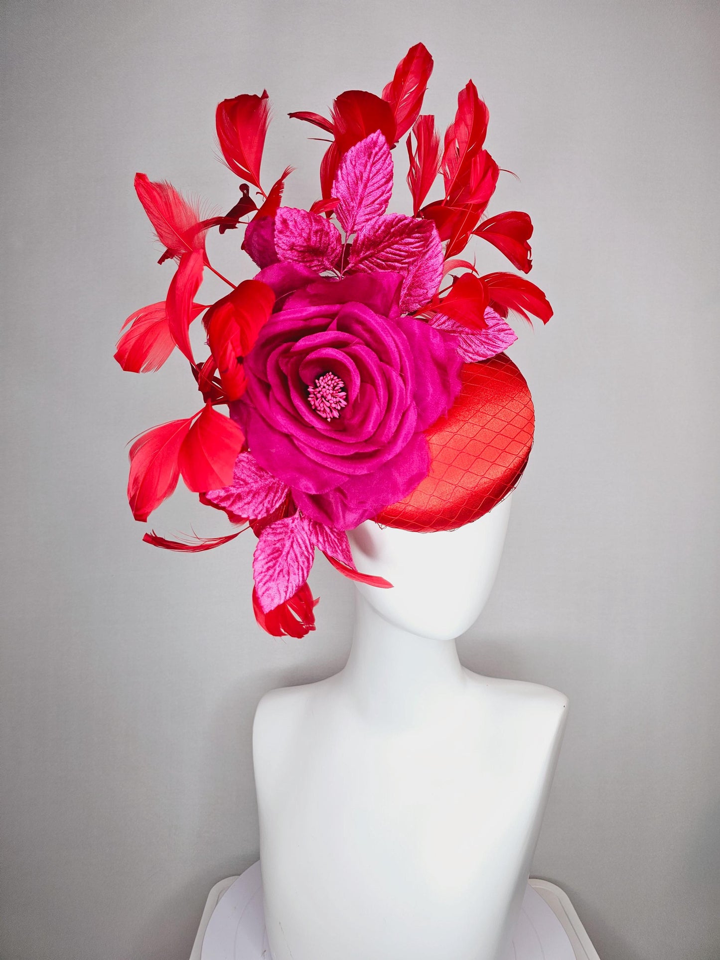 kentucky derby hat fascinator scarlet red satin,large organza silk pink rose,pink leaves,bright red branching feathers
