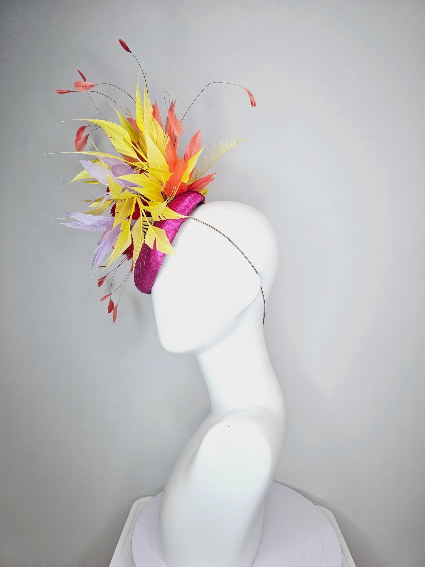 kentucky derby hat fascinator colorful pink satin with netting cherry red feather flower lavender purple yellow coral red branching feathers