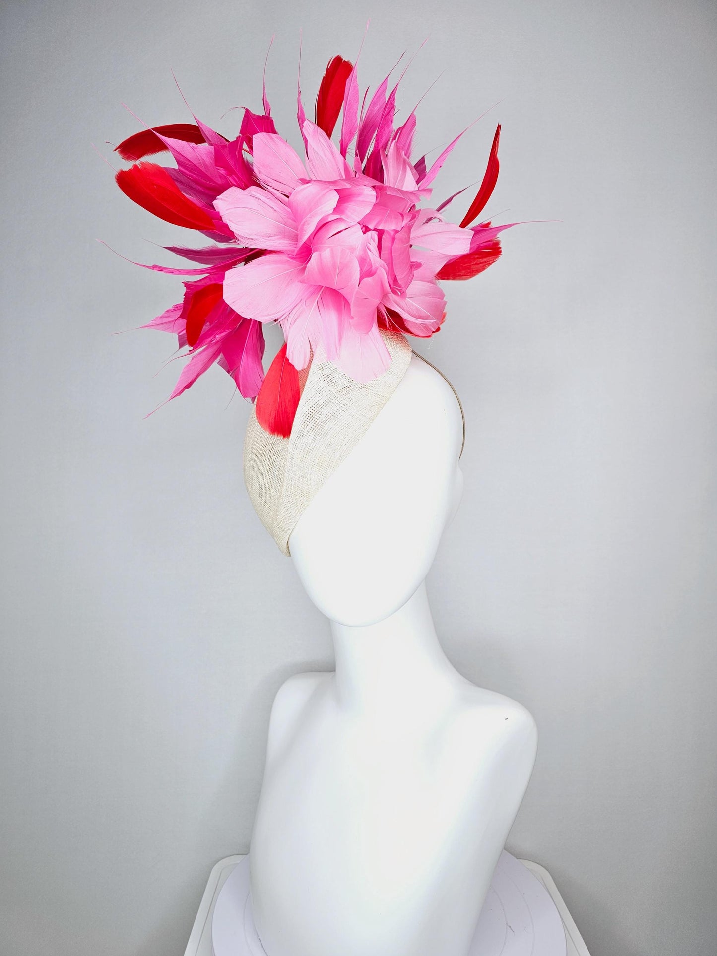 kentucky derby hat fascinator neutral beige pointed teardrop perch sinamay with fluffy blush pink feather flower and pink red feathers