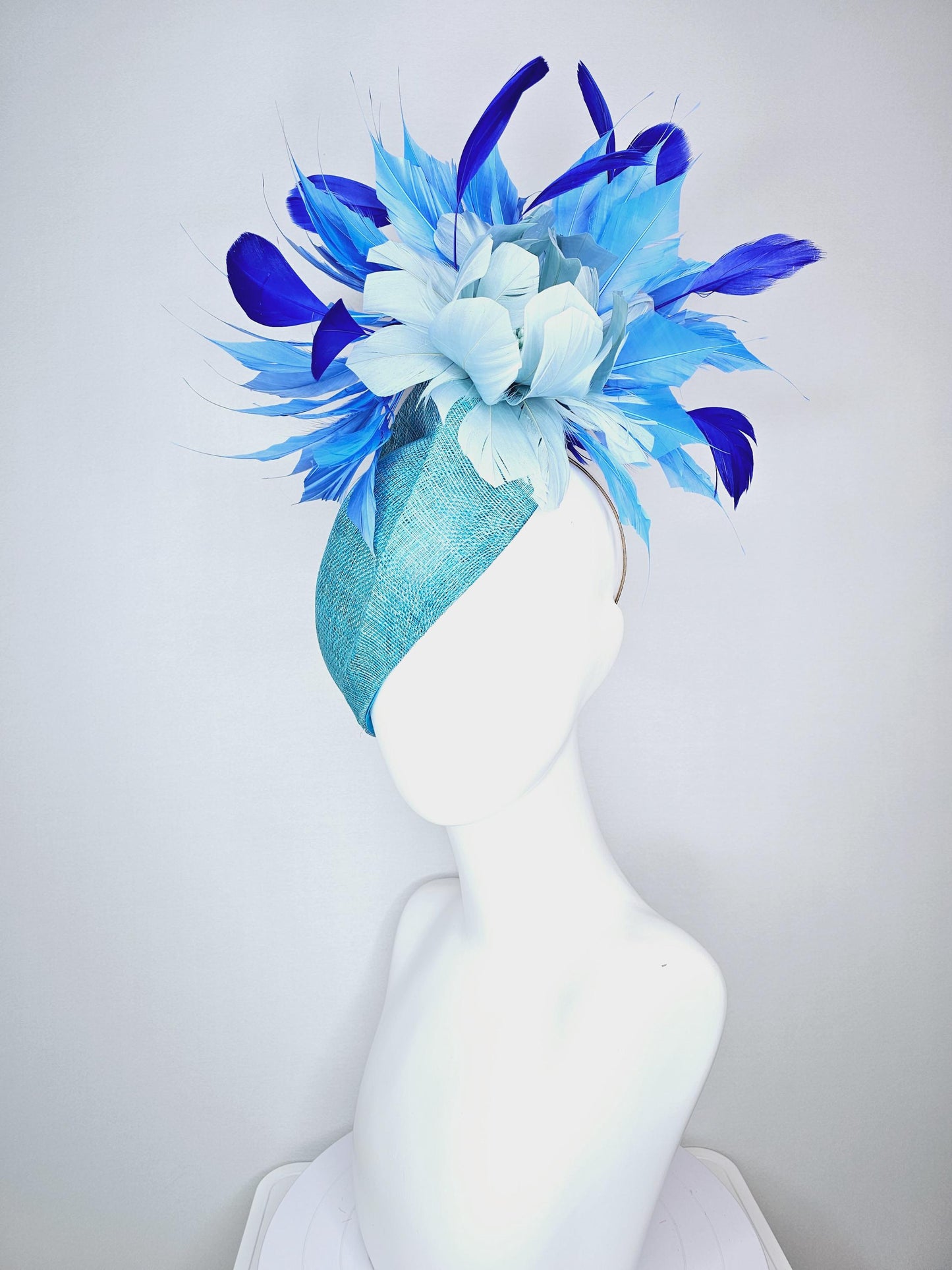 kentucky derby hat fascinator turquoise blue pointed teardrop perch sinamay with fluffy baby blue feather flower royal cobalt blue feathers