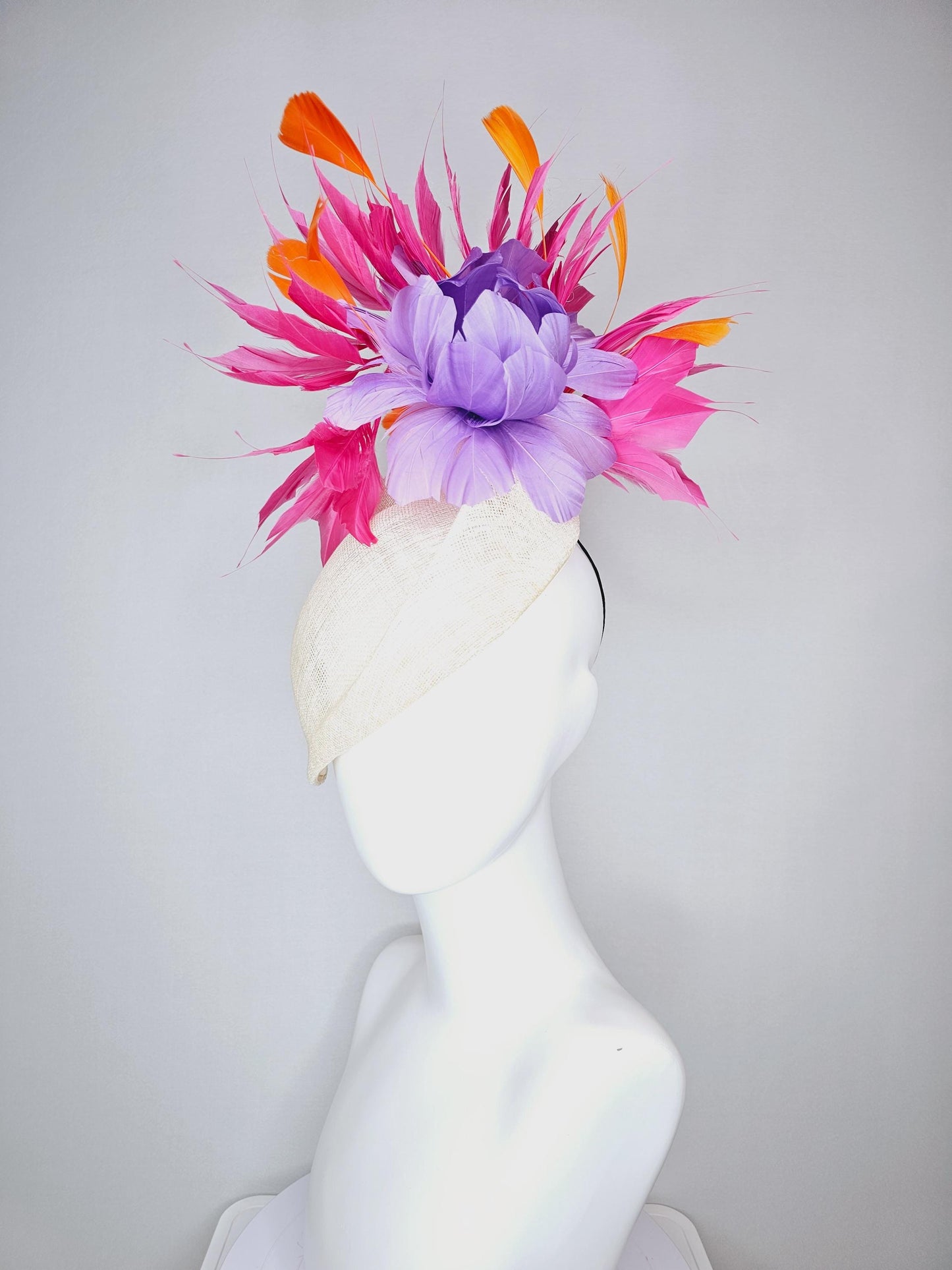 kentucky derby hat fascinator ivory white pointed teardrop perch sinamay with fluffy lavender purple feather flower and pink orange feathers