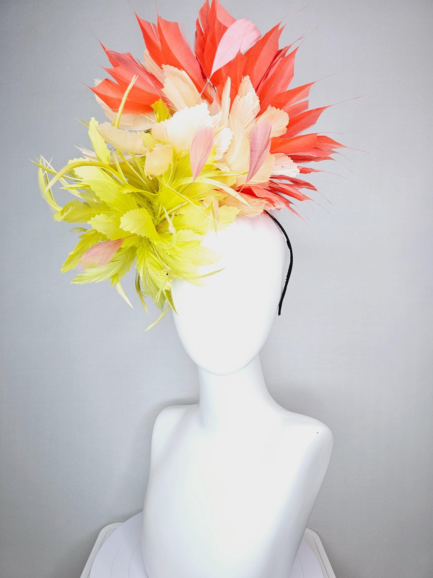 kentucky derby hat fascinator fluffy lemon yellow zigzag feather flower and light yellow peach orange branching feathers