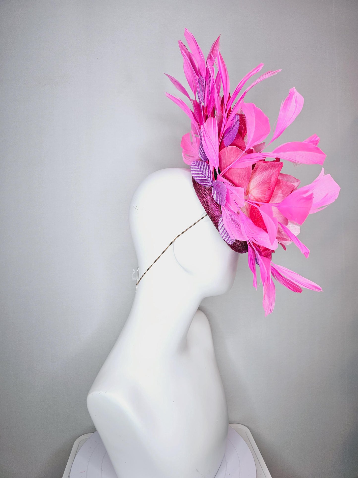 kentucky derby hat fascinator magenta purple sinamay with ombre raspberry pink satin flowers lavender leaves and pink branching feathers