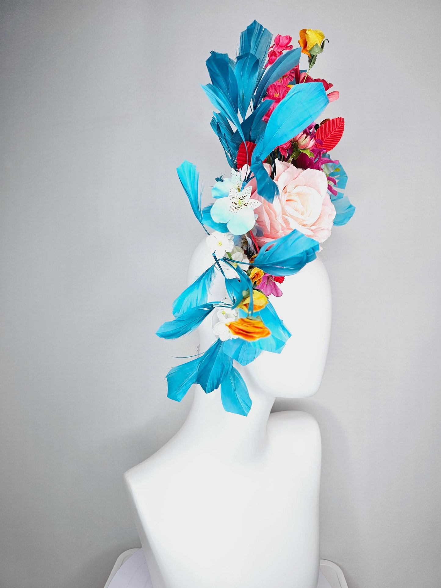 kentucky derby hat fascinator headband colorful light pink raspberry red blue yellow white flowers cherry red leaves turquoise blue feathers