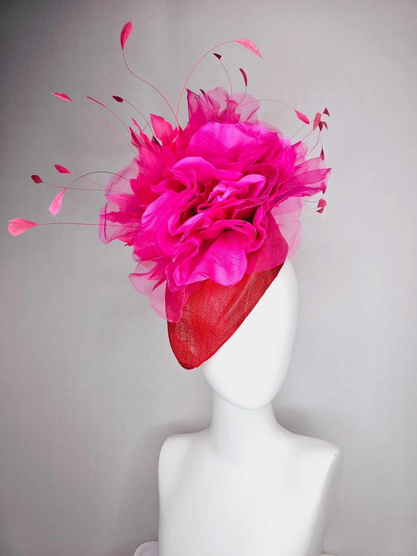 kentucky derby hat fascinator scarlet red pointed teardrop perch sinamay large bright pink organza satin flower hot pink branching feathers