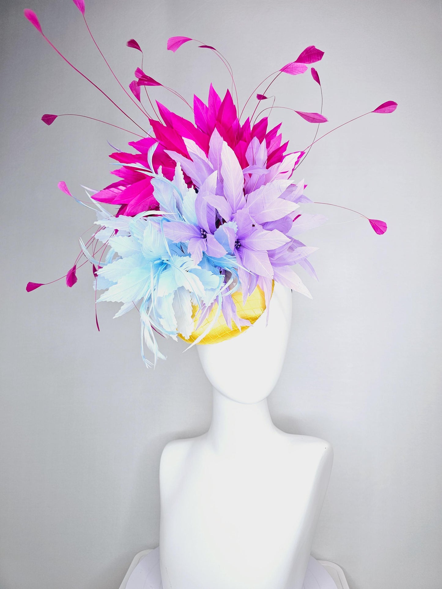 kentucky derby hat fascinator colorful yellow satin with netting baby blue and lavender purple feather flowers bright pink feathers