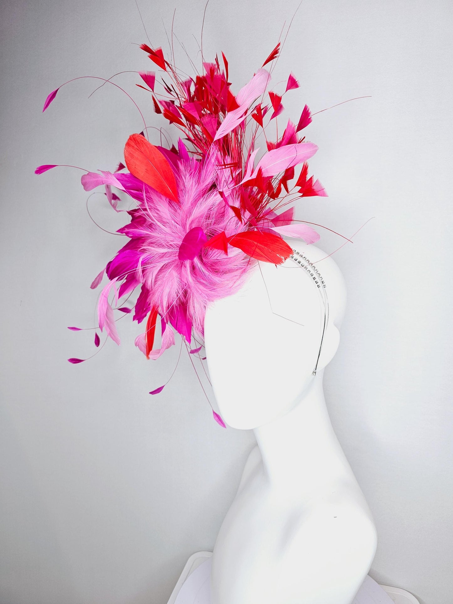 kentucky derby hat fascinator Swarovski crystal headband with fluffy baby pink bright pink feather flower and scarlet red branching feathers