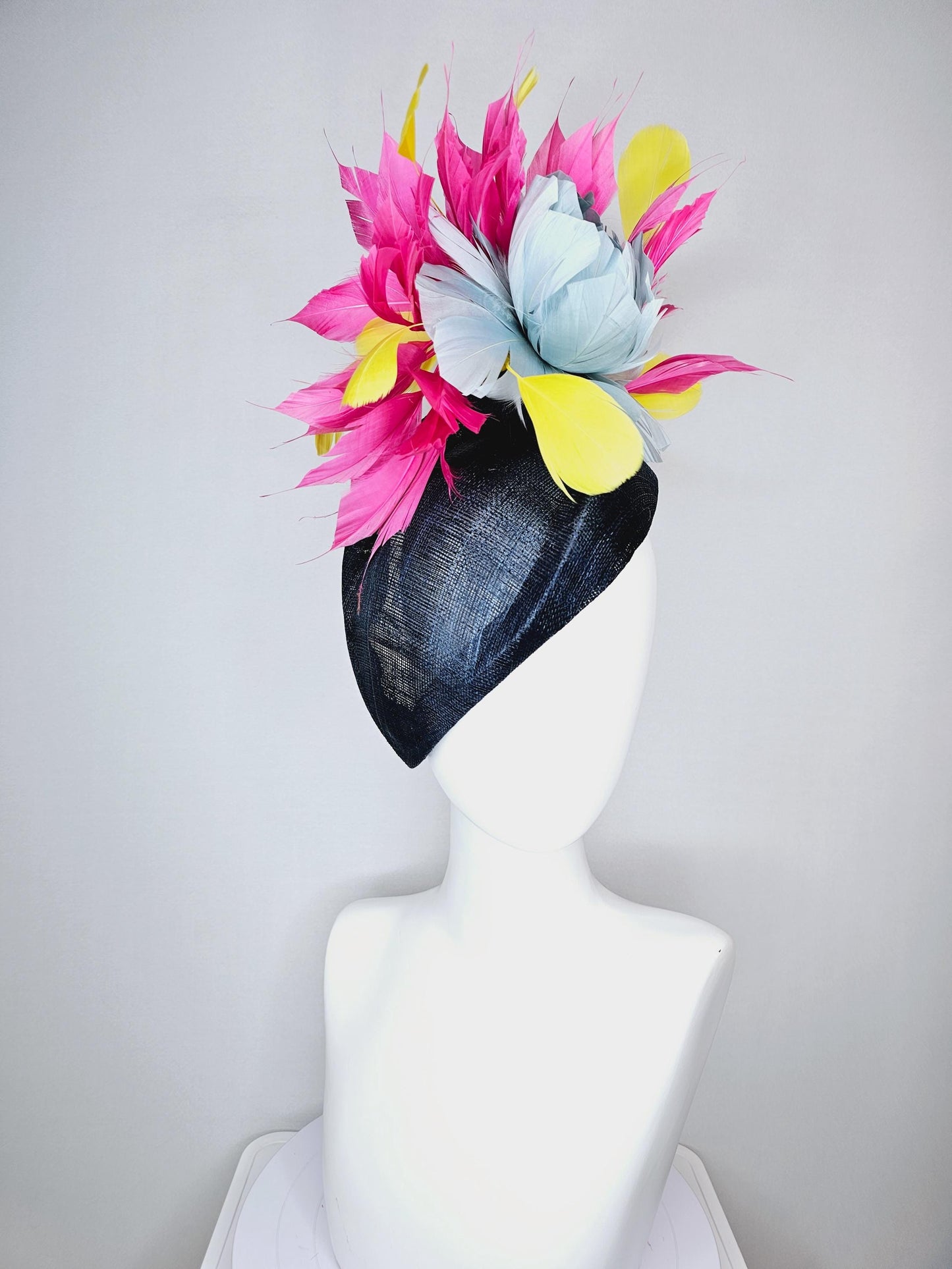 kentucky derby hat fascinator navy blue pointed teardrop perch sinamay with fluffy silver blue feather flower pink yellow feathers