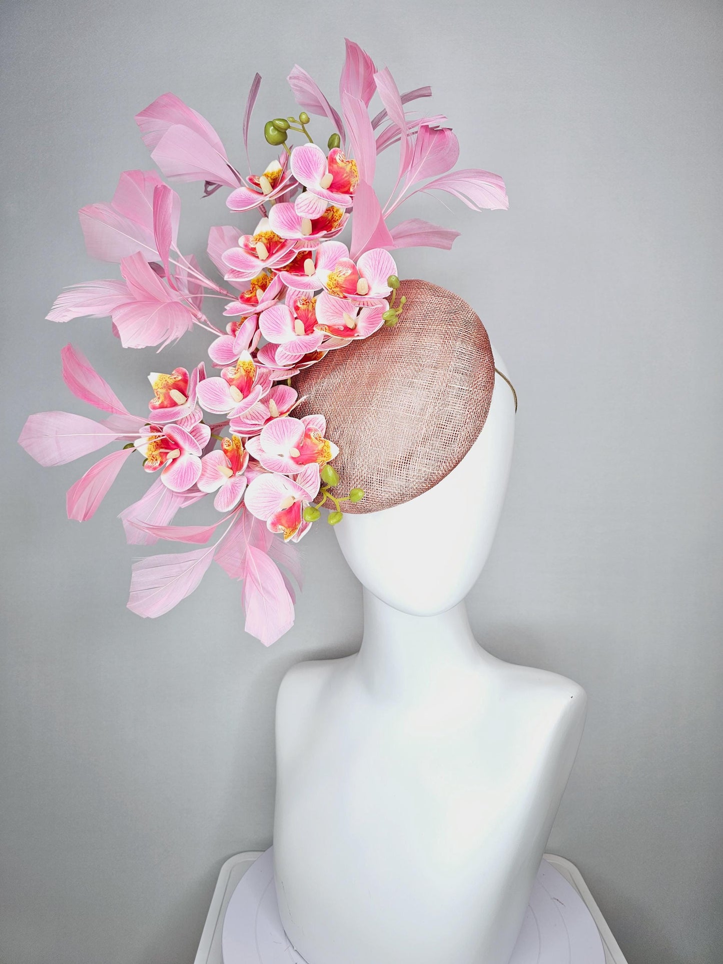 kentucky derby hat fascinator dusty rose pink sinamay pink cherry red yellow satin orchid flowers with light pink branching feathers