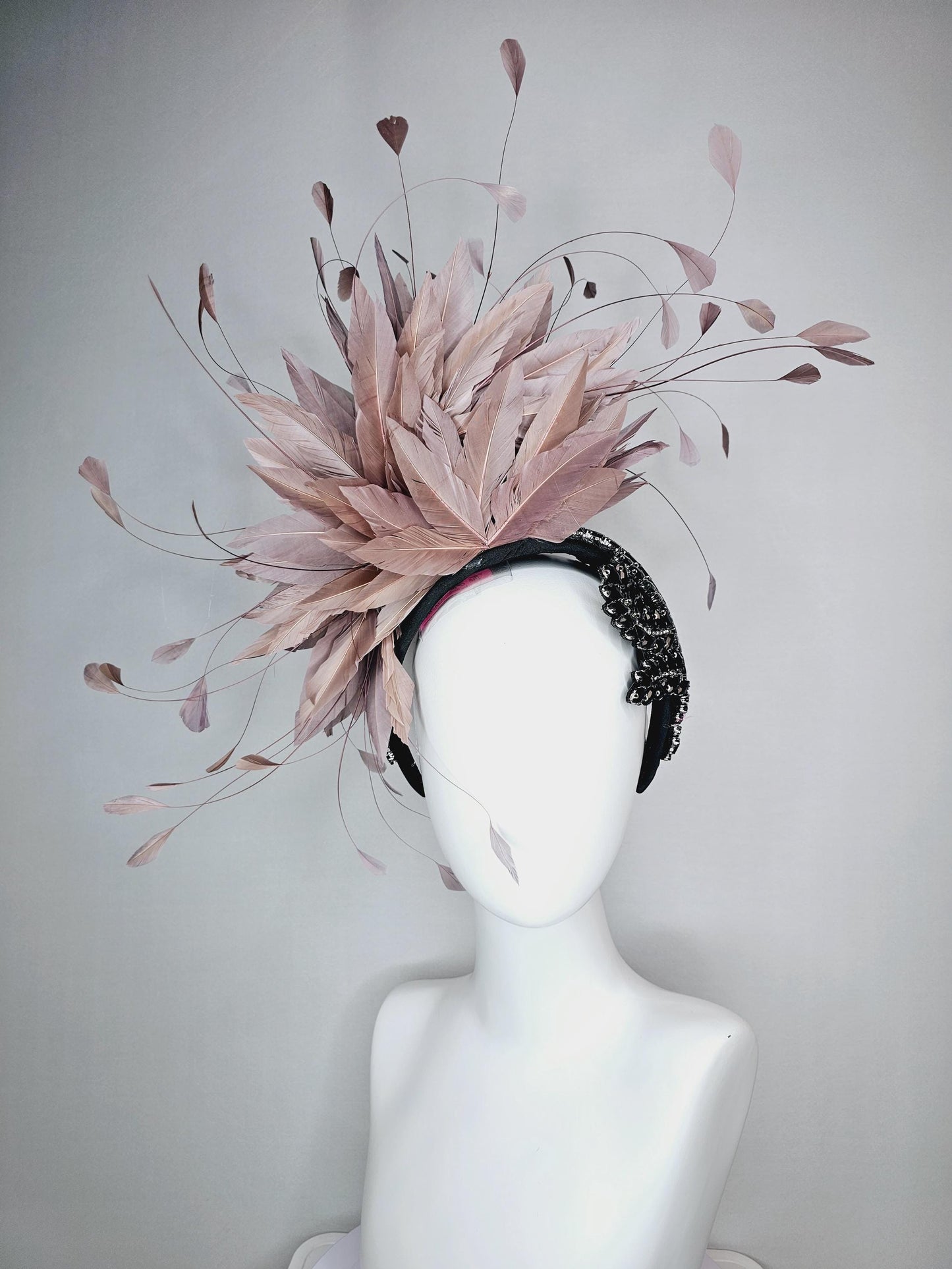 kentucky derby hat fascinator black headband with large black crystal rhinestone beaded stems and taupe gray branching feathers