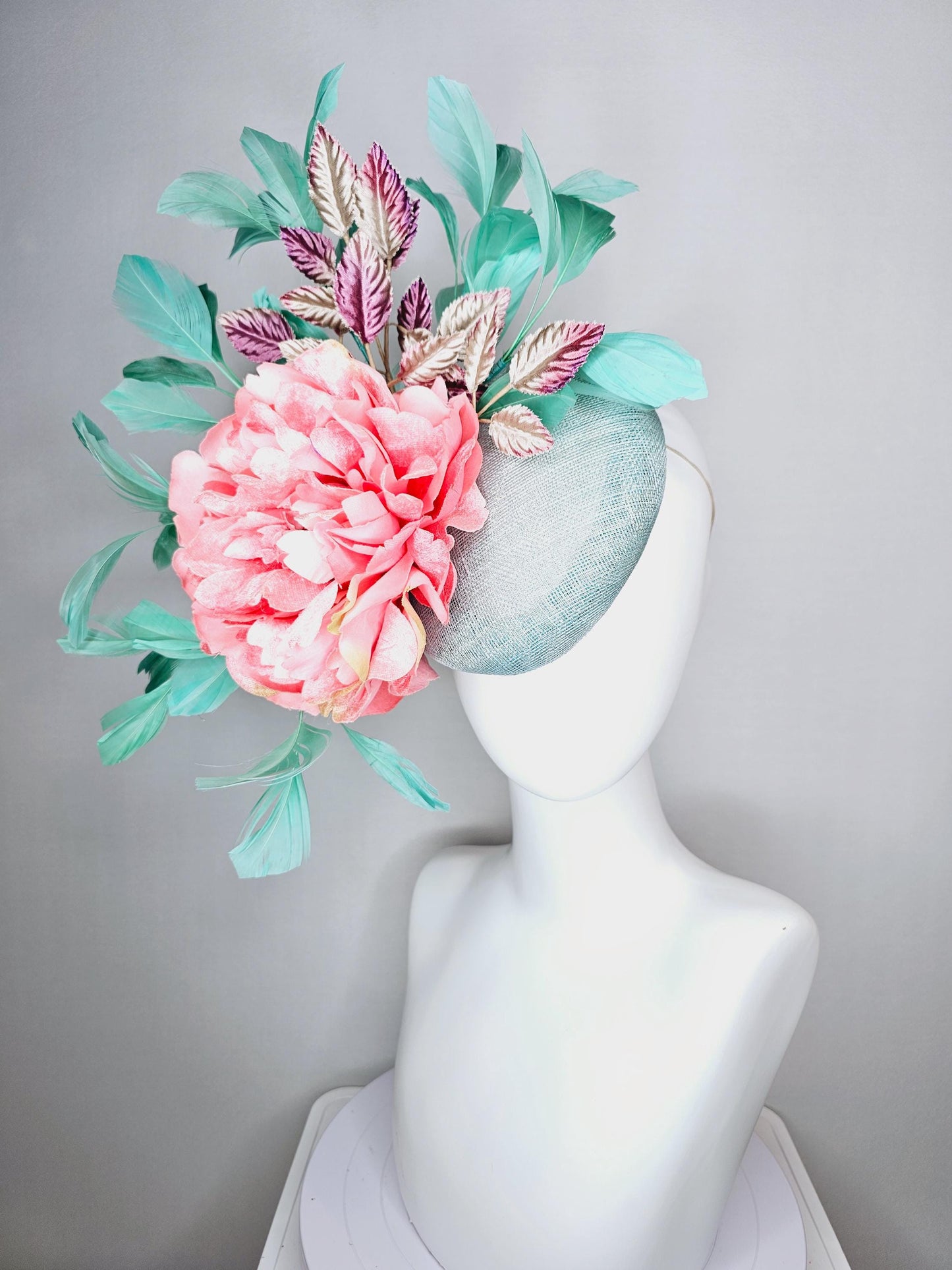 kentucky derby hat fascinator light blue sinamay baby pink satin silk flower magenta purple gold leaves aqua mint green branching feathers