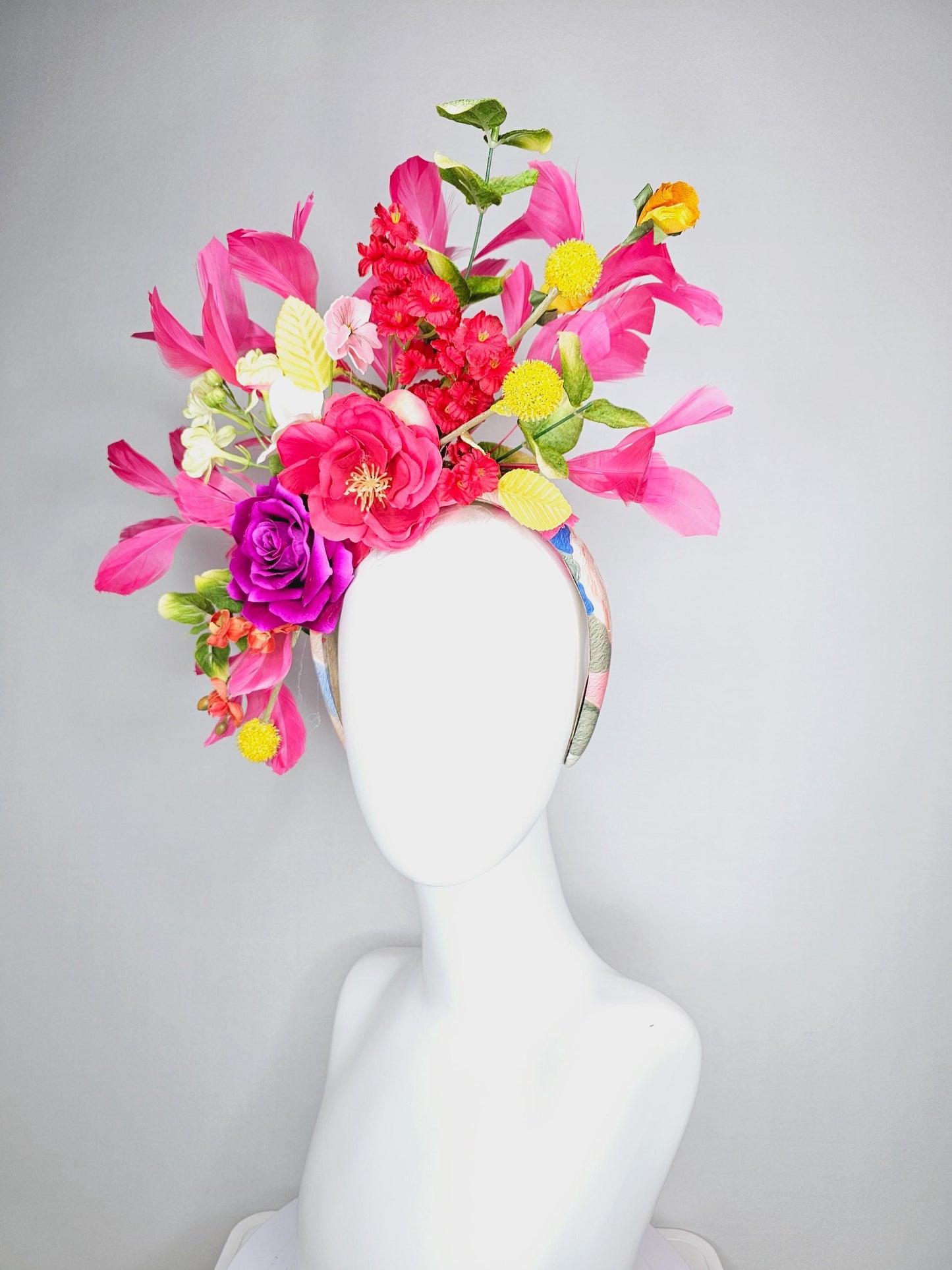 kentucky derby hat fascinator headband colorful raspberry pink magenta yellow red peach orange flowers green yellow leaves pink feathers