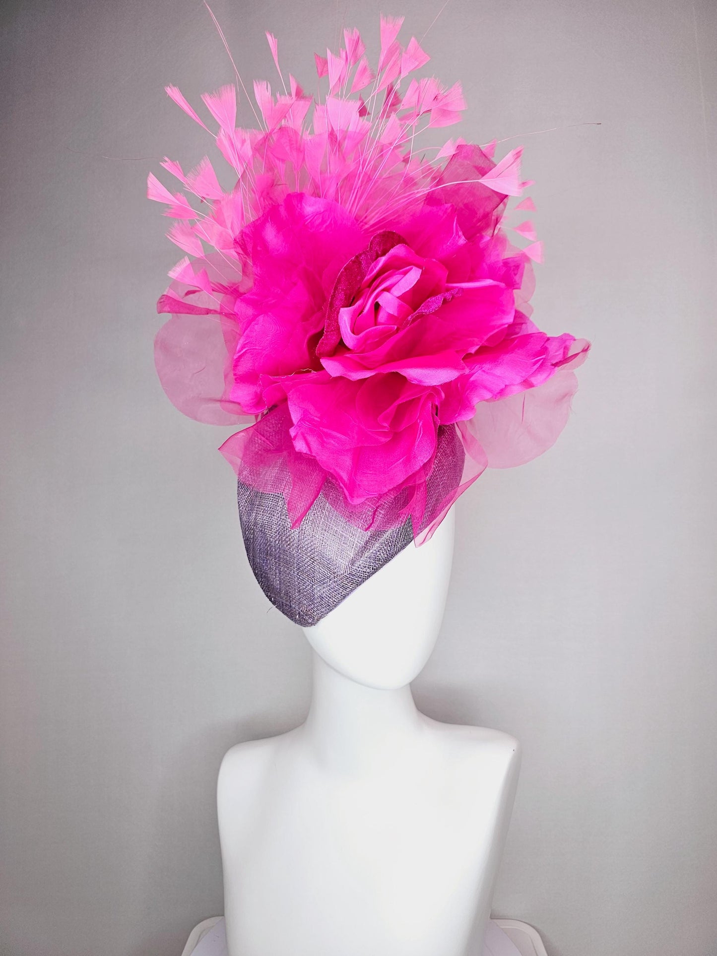 kentucky derby hat fascinator lavender purple pointed teardrop perch sinamay large bright pink organza satin flower and baby pink feathers