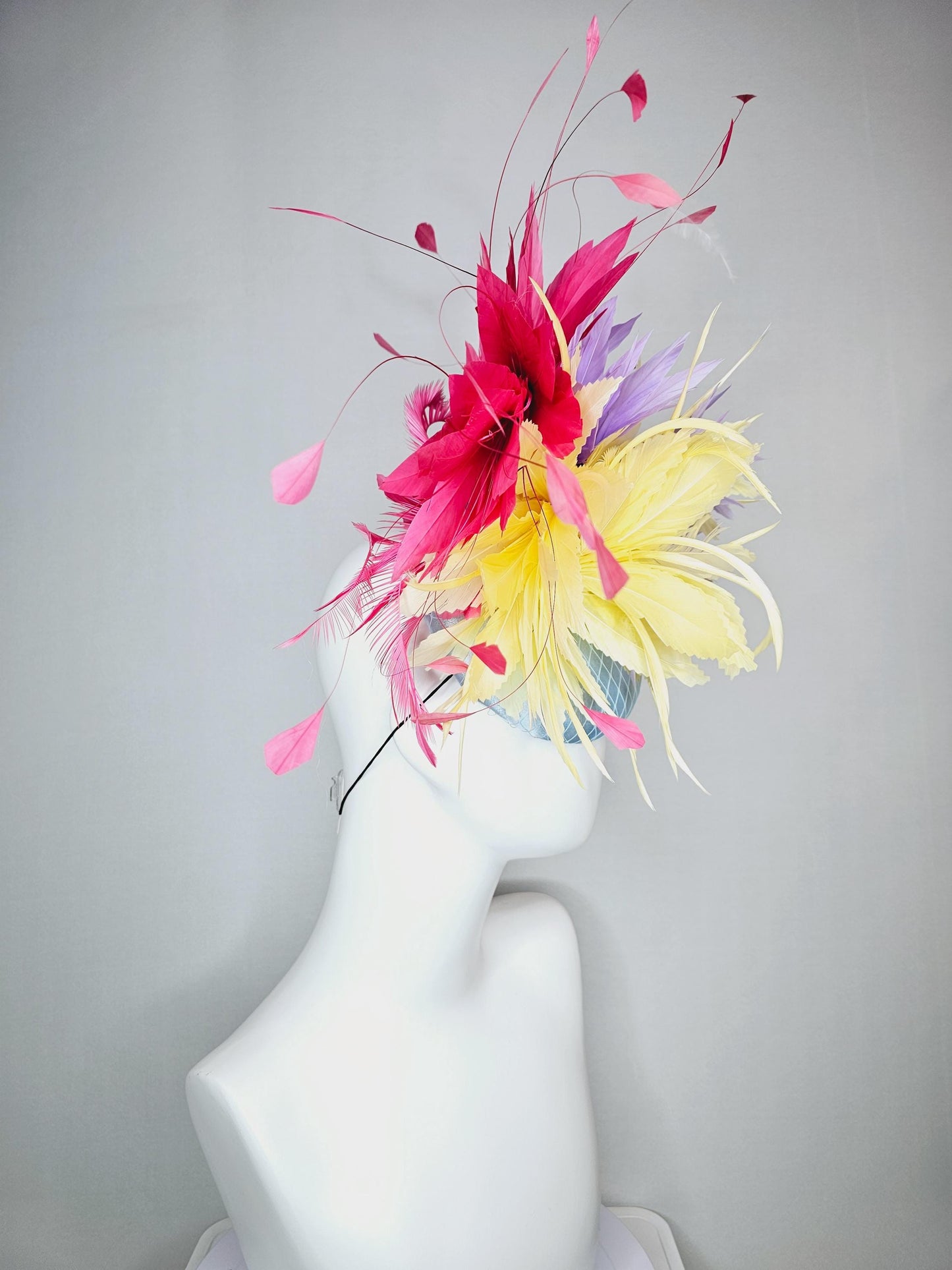 kentucky derby hat fascinator colorful baby blue satin with netting pastel yellow lavender purple feather flowers raspberry pink feathers