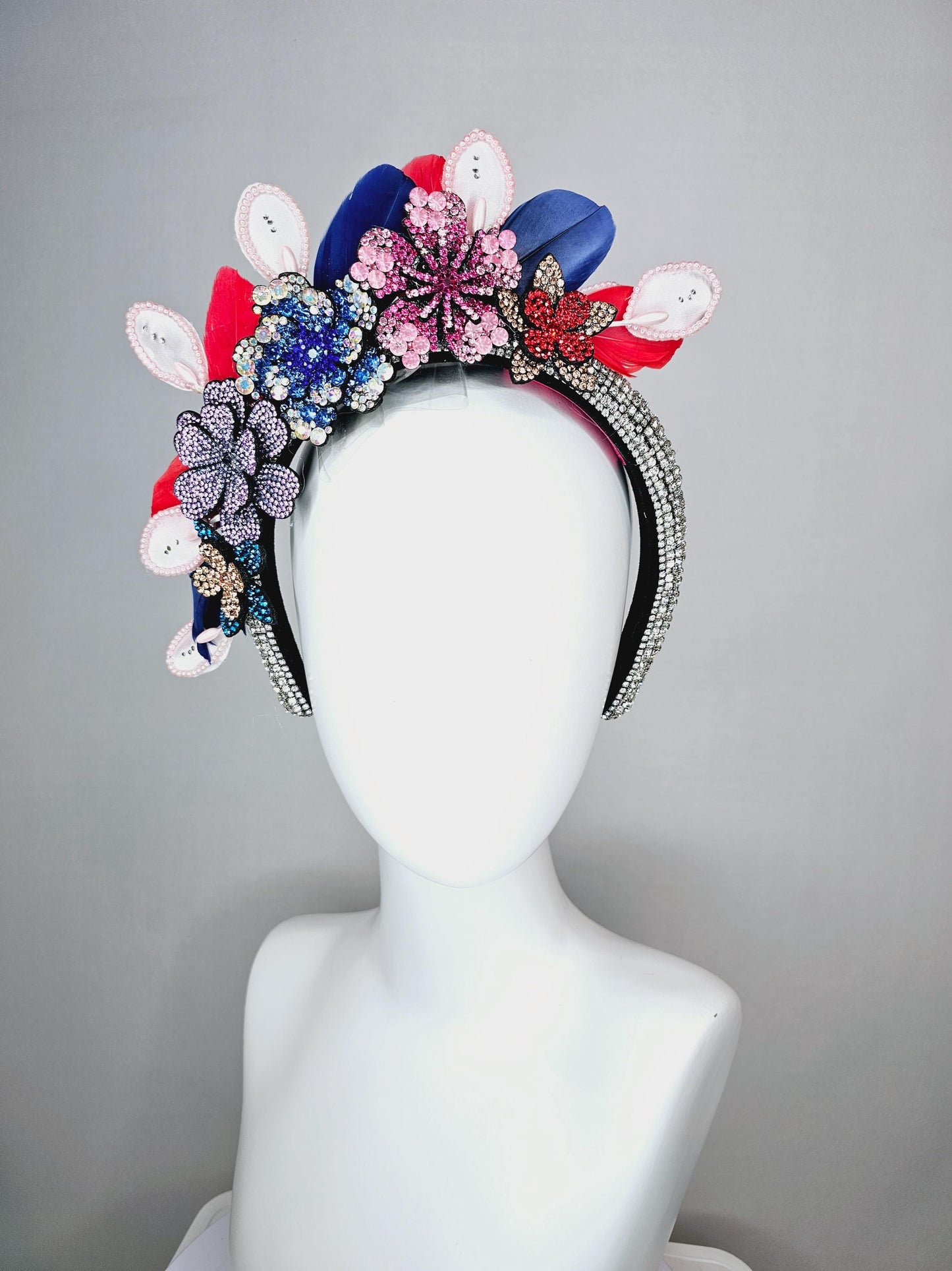 kentucky derby hat fascinator clear swarovski crystal headband with pink beige blue purple crystal flowers and red royal blue feathers
