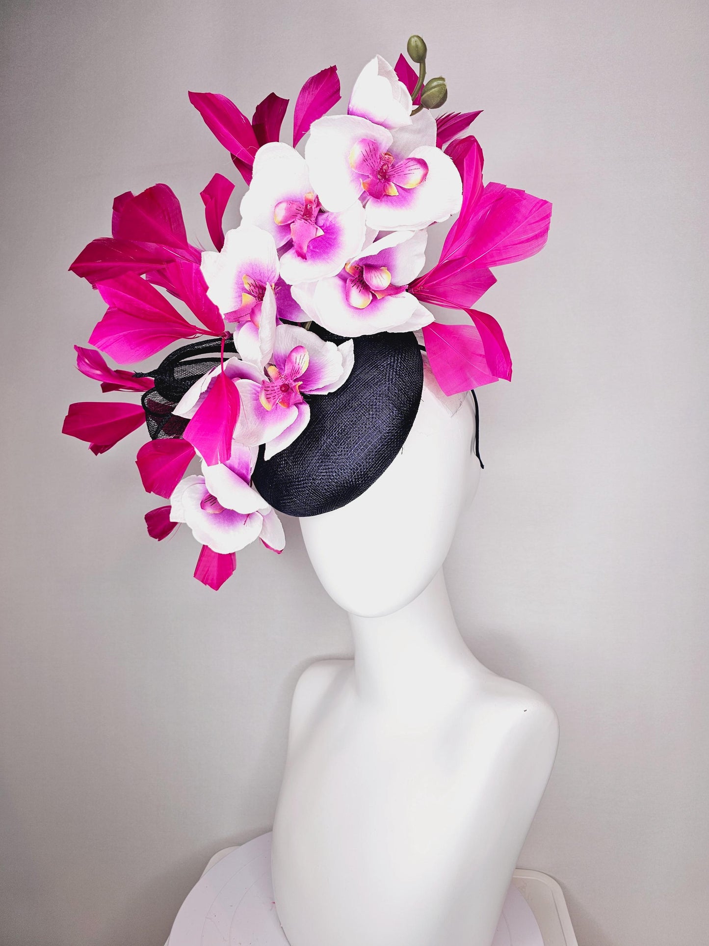 kentucky derby hat fascinator navy blue sinamay with bow and white and pink satin orchid flowers with hot pink branching feathers