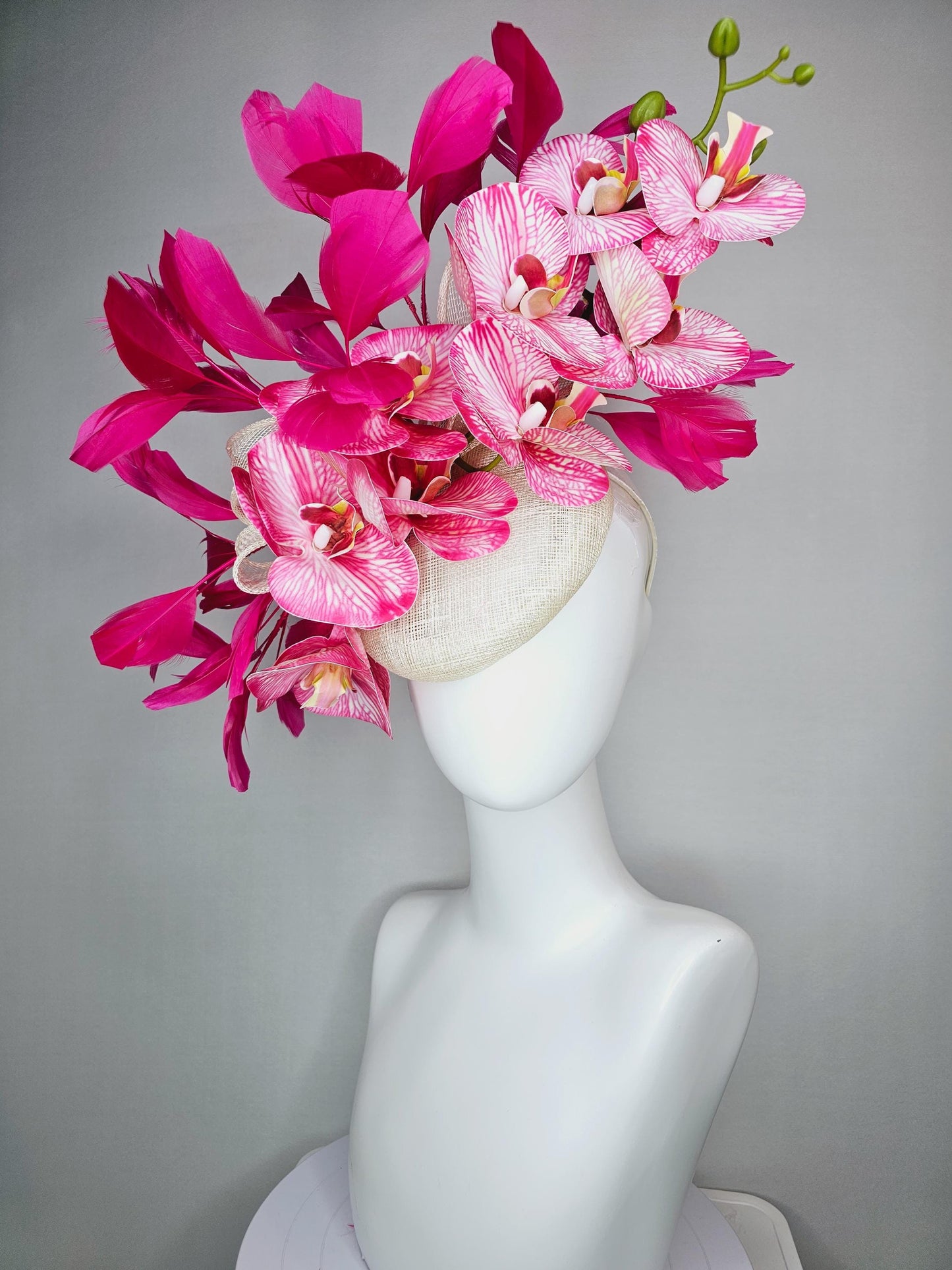 kentucky derby hat fascinator ivory white sinamay with bow and white and pink satin orchid flowers with hot pink branching feathers