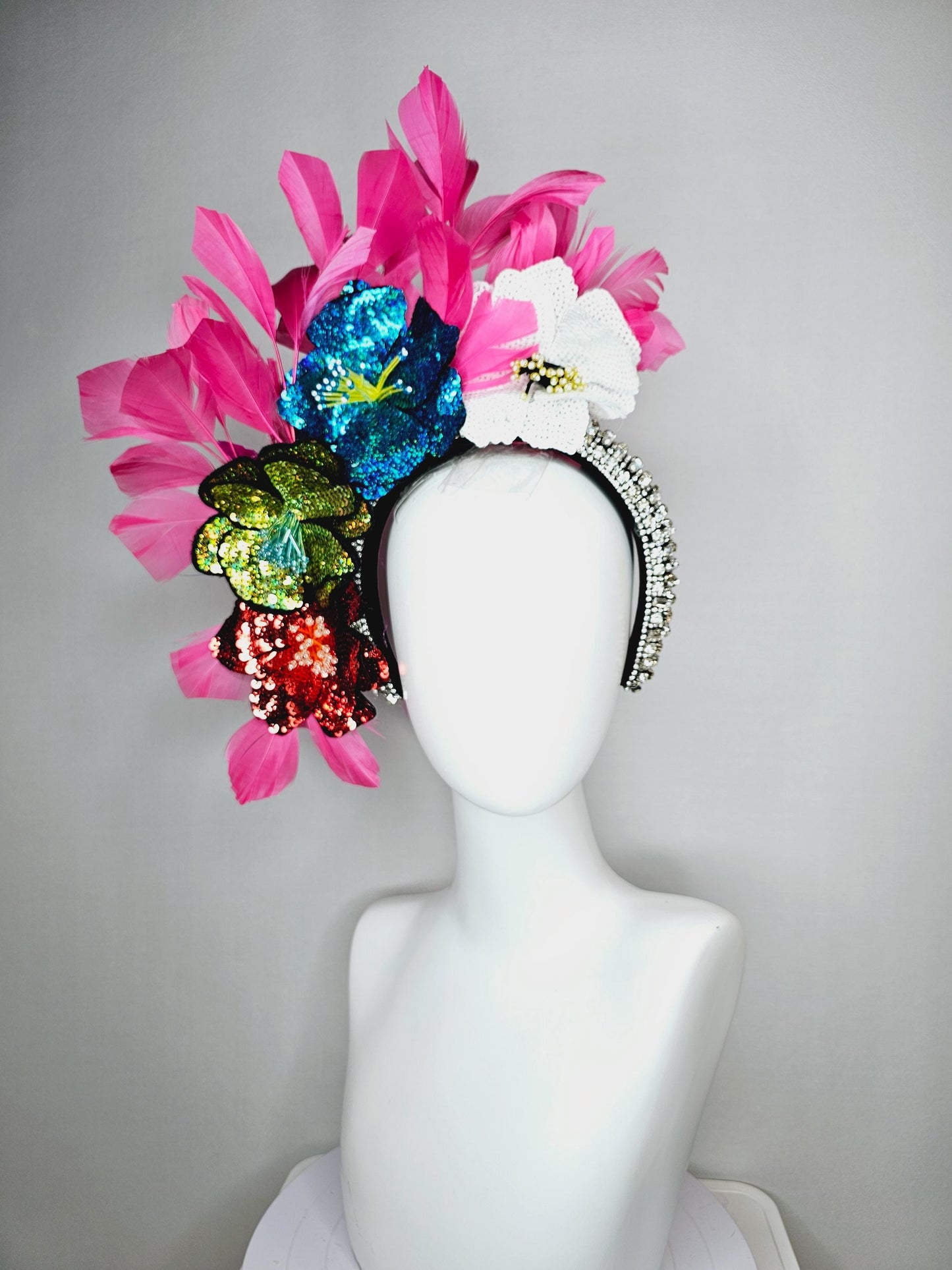 kentucky derby hat fascinator crystal jewel beaded headband with colorful sequin red green blue and white beaded flowers hot pink feathers