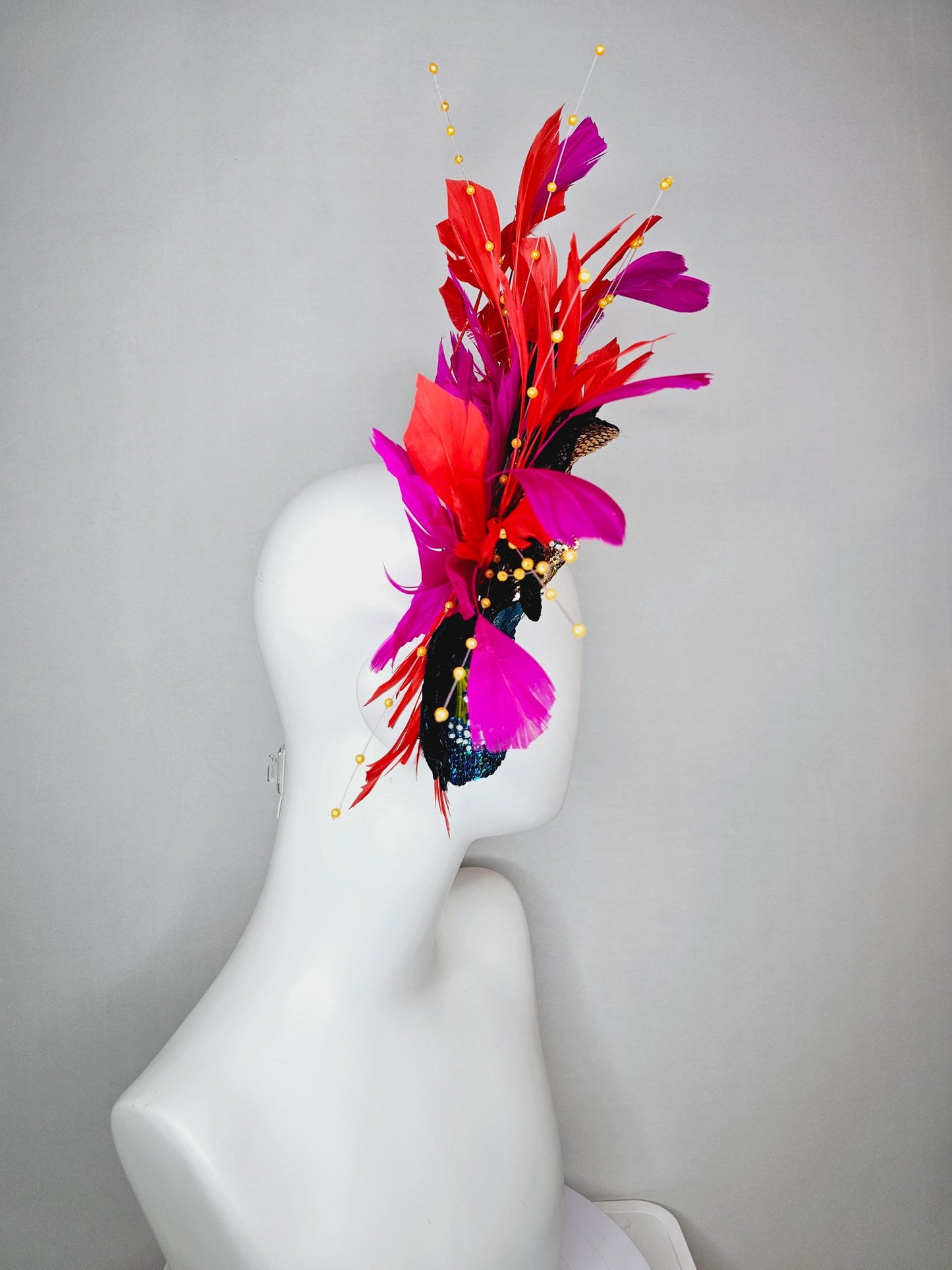 kentucky derby hat fascinator black crystal headband with colorful sequin blue gold pink cobalt blue beaded flowers pink red feathers