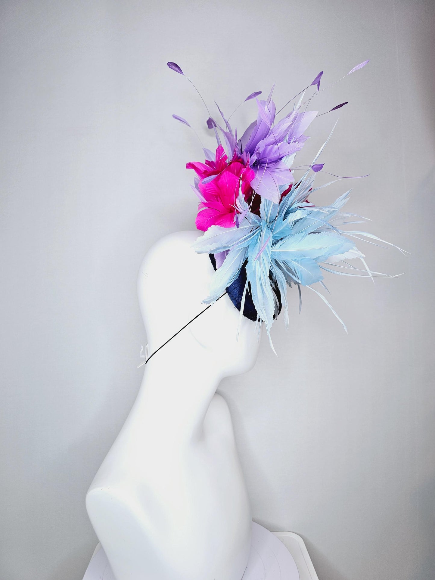 kentucky derby hat fascinator colorful navy blue satin with netting fluffy baby blue fuchsia pink feather flowers lavender purple feathers