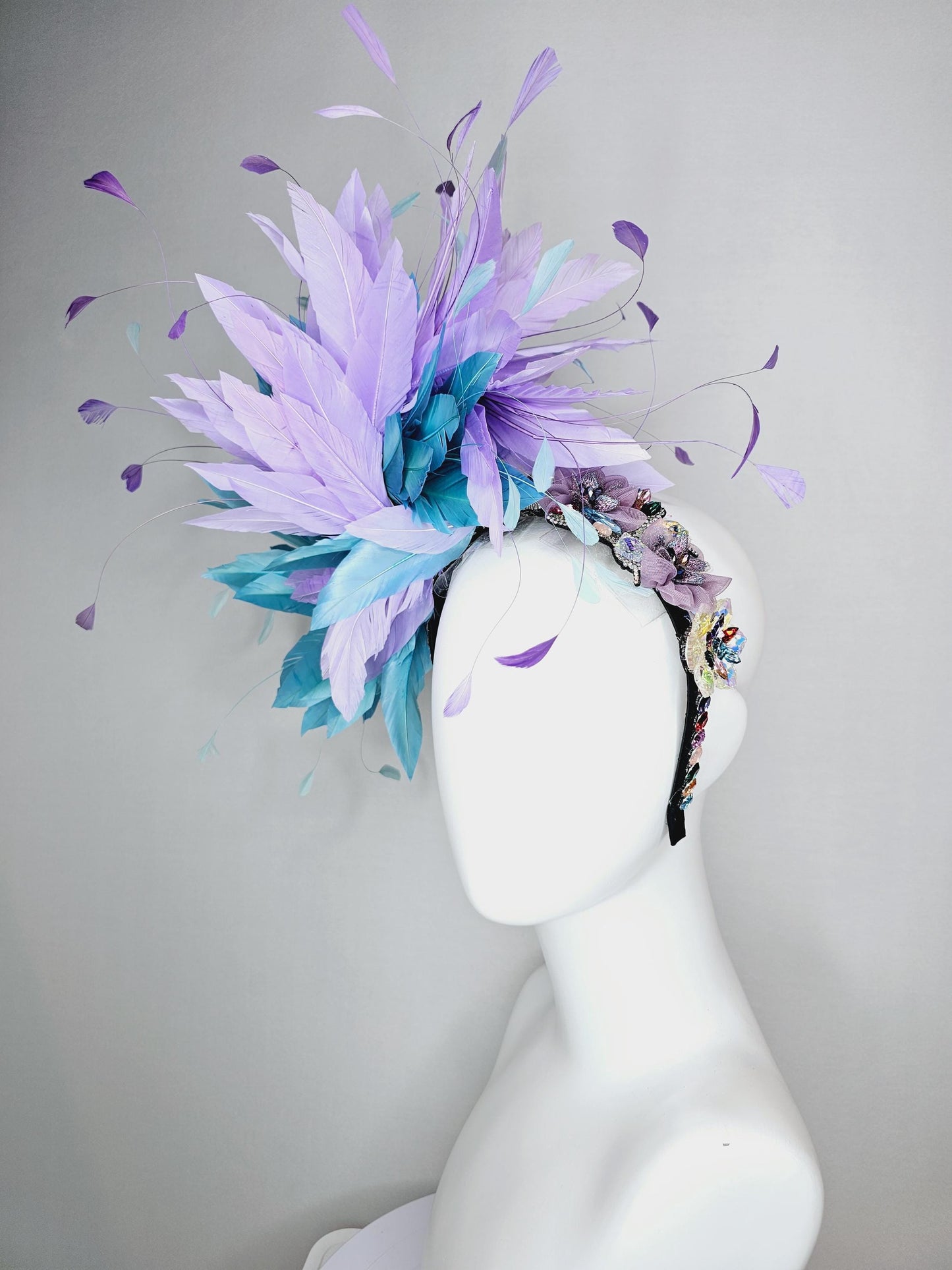 kentucky derby hat fascinator colorful swarovski crystal headband red pink purple green blue crystal flower lavender purple blue feathers