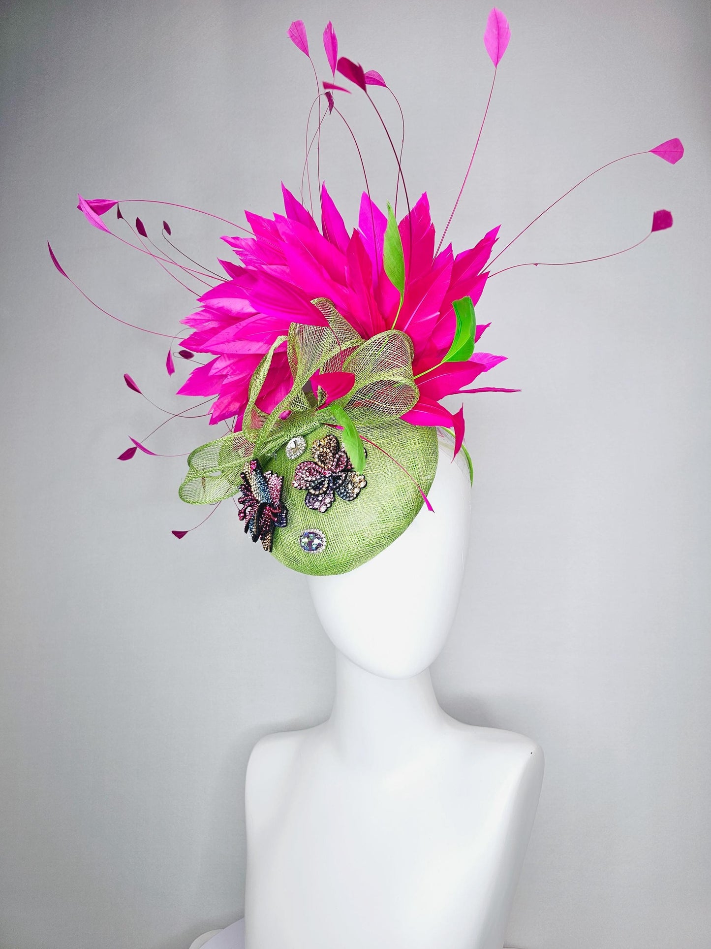 kentucky derby hat fascinator lime green sinamay with bow colorful pink blue yellow purple swarovski crystal flowers fuchsia pink feathers