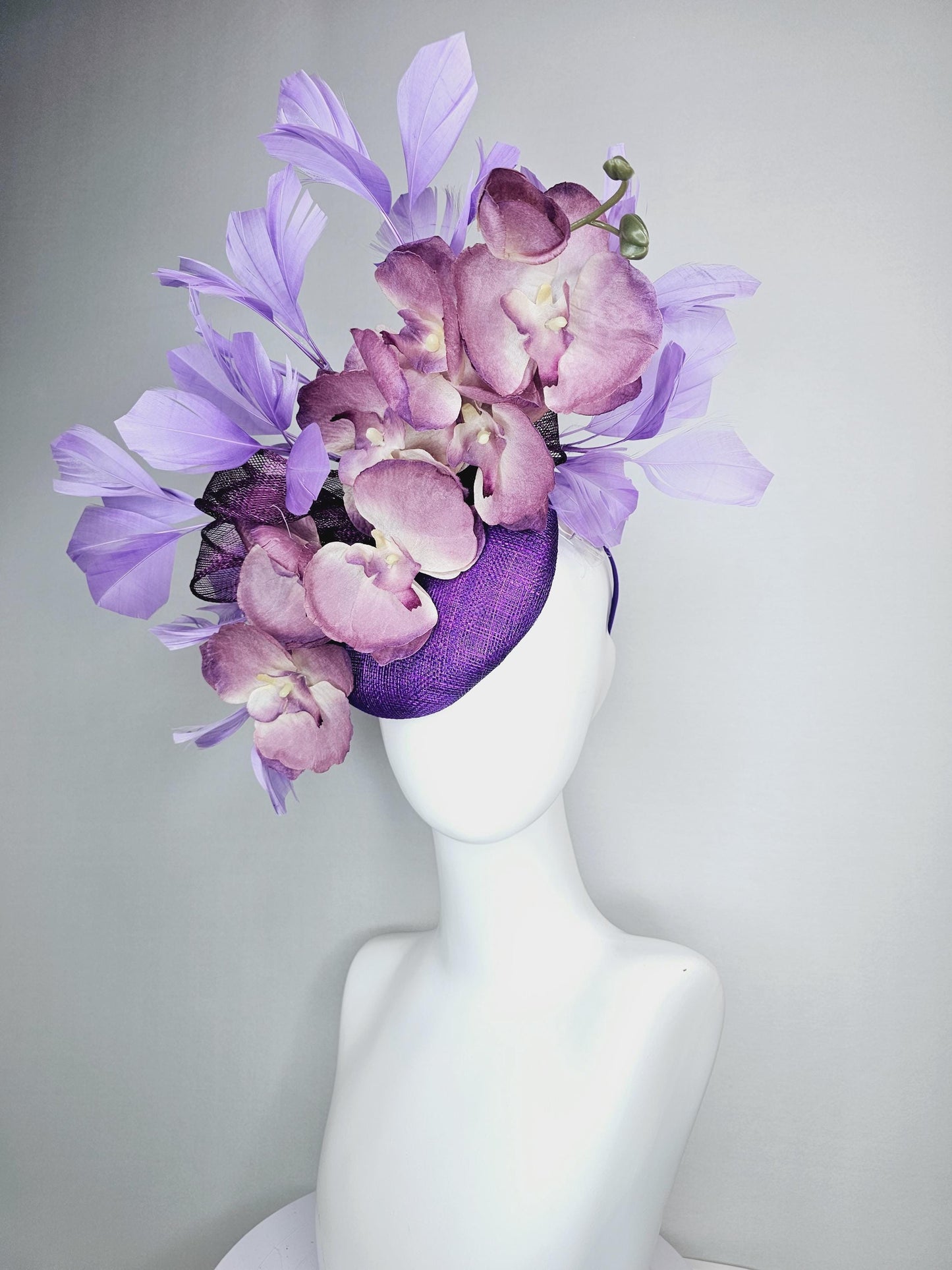 kentucky derby hat fascinator violet purple sinamay with bow and lilac purple satin orchid flowers with lavender purple branching feathers