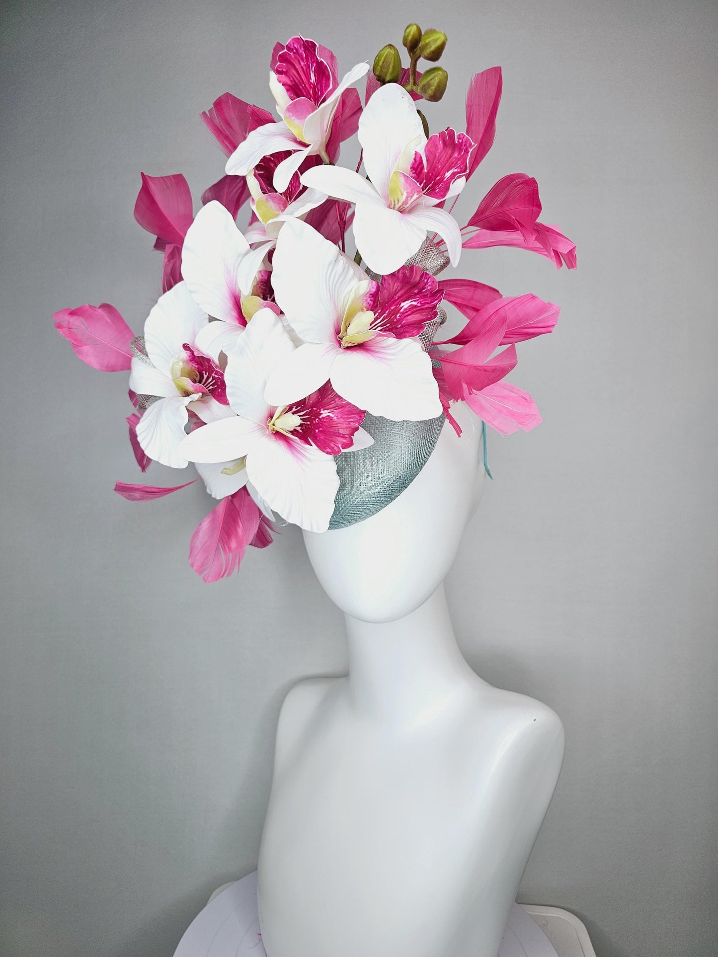 kentucky derby hat fascinator silver gray blue sinamay with bow and hot pink white satin orchid flowers with hot pink branching feathers