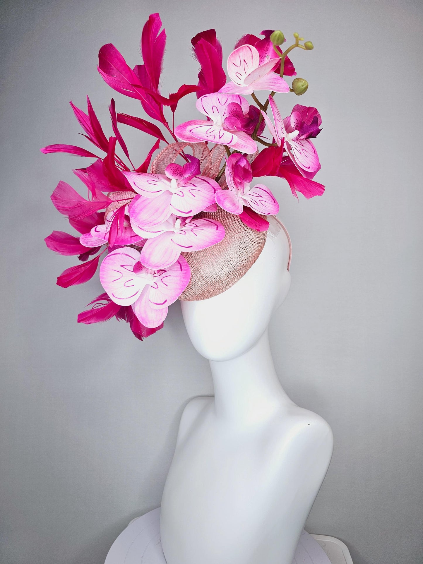 kentucky derby hat fascinator champagne pink sinamay with bow and blush pink satin orchid flowers with hot pink branching feathers