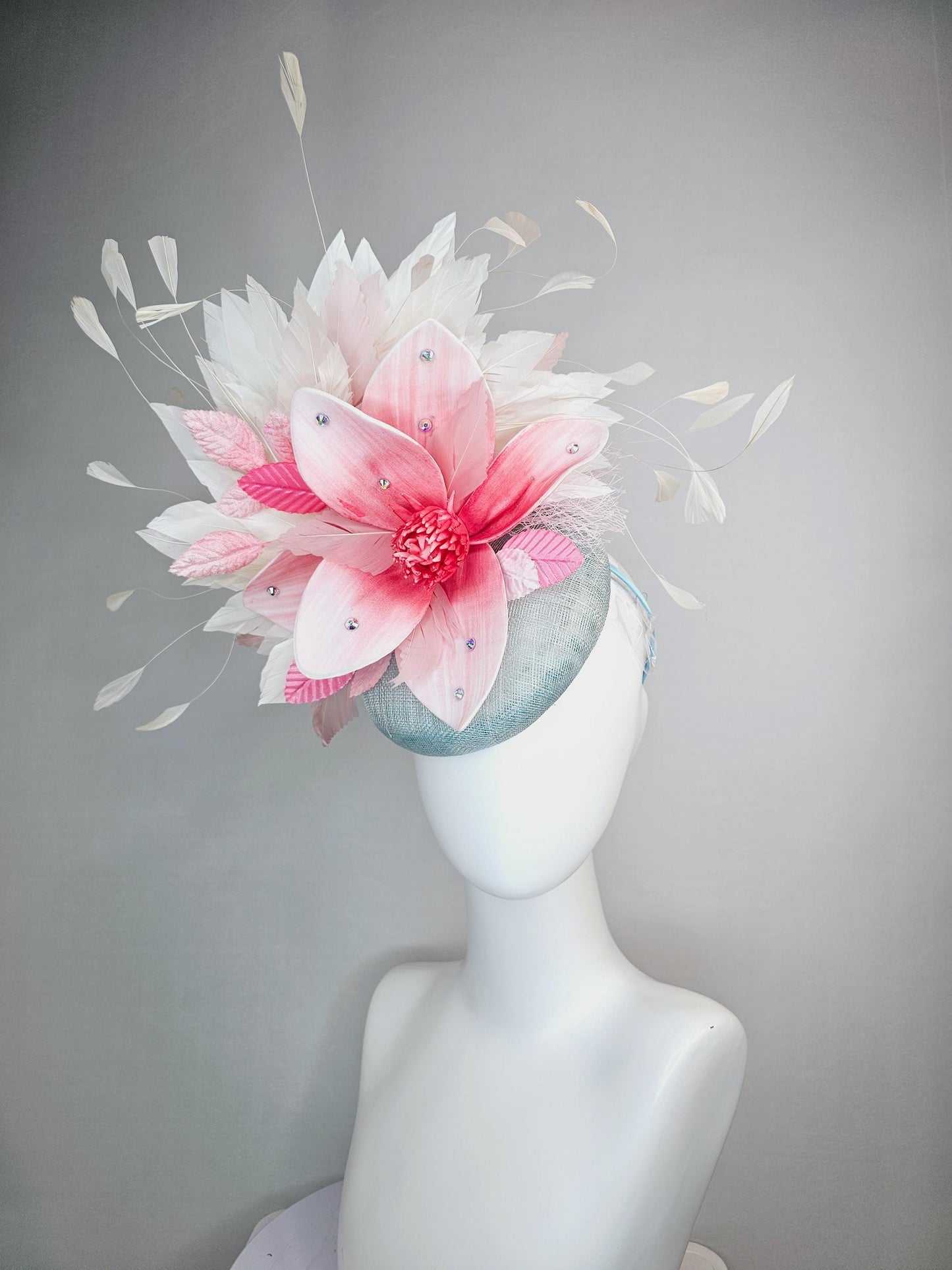 kentucky derby hat fascinator light gray blue sinamay with raspberry pink ombre flower blush pink light pink ivory white branching feathers