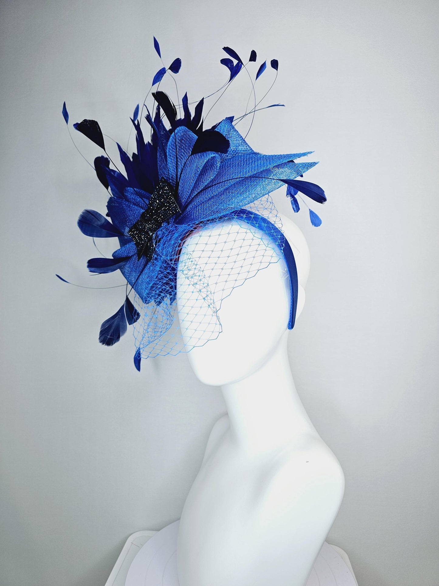 kentucky derby hat fascinator headband ocean sky blue sinamay bow black crystal beaded bow navy blue royal blue feathers with blue mesh veil