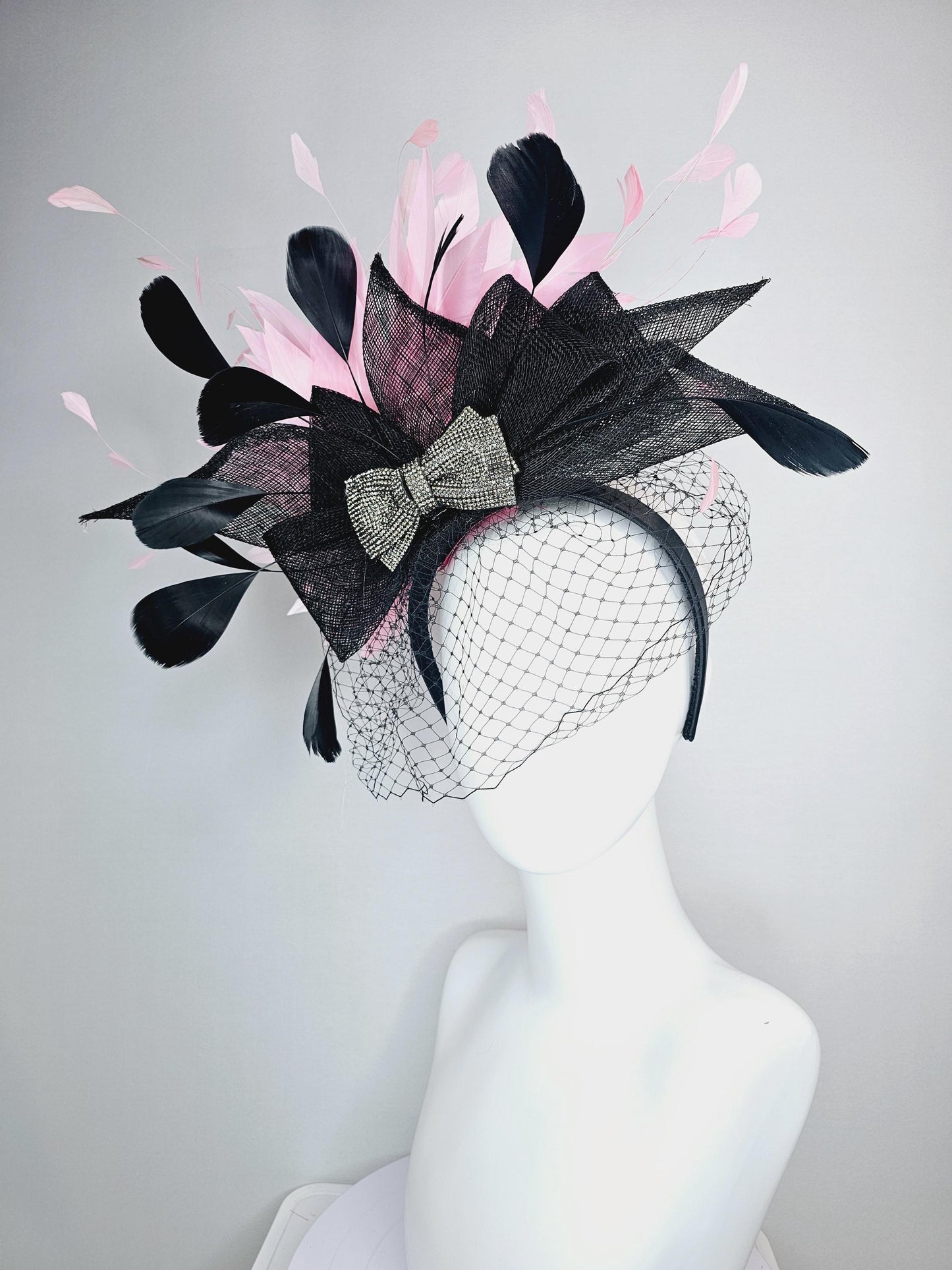 kentucky derby hat fascinator headband black sinamay bow swarovski crystal beaded bow black light baby pink feathers with black mesh veil
