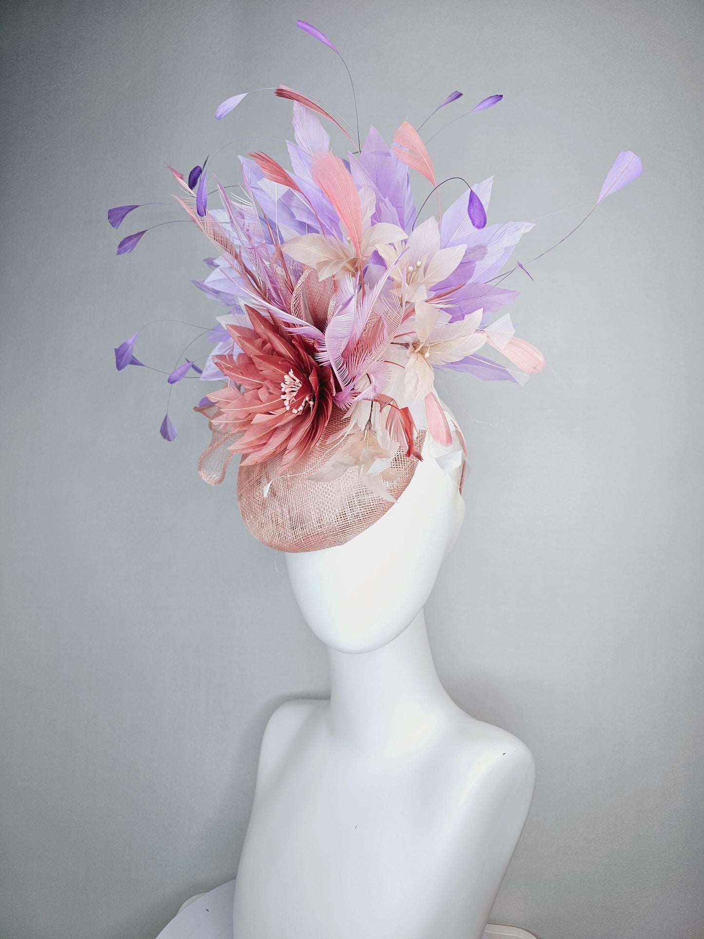 kentucky derby hat fascinator champagne pink sinamay with sinamay bow dusty rose light pink feather flowers white lavender purple feathers