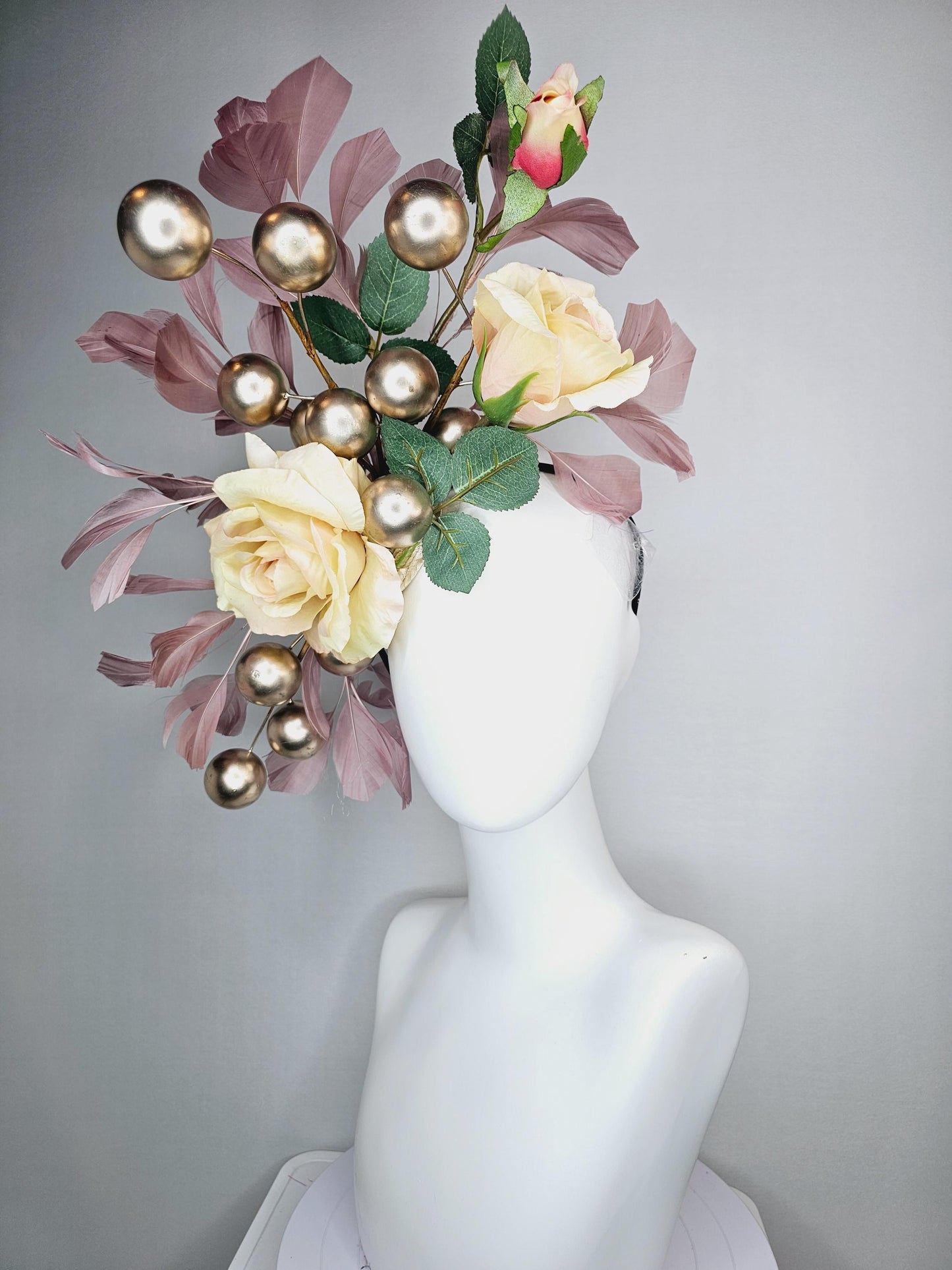 kentucky derby hat fascinator large beige cream satin silk roses with green leaves large gold pearls and dusty rose pink branching feathers