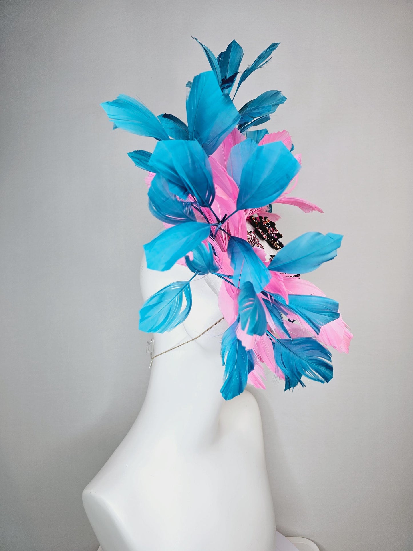 kentucky derby hat fascinator white satin with netting and yellow pink purple swarovski crystal flowers embroidered pink teal blue feathers