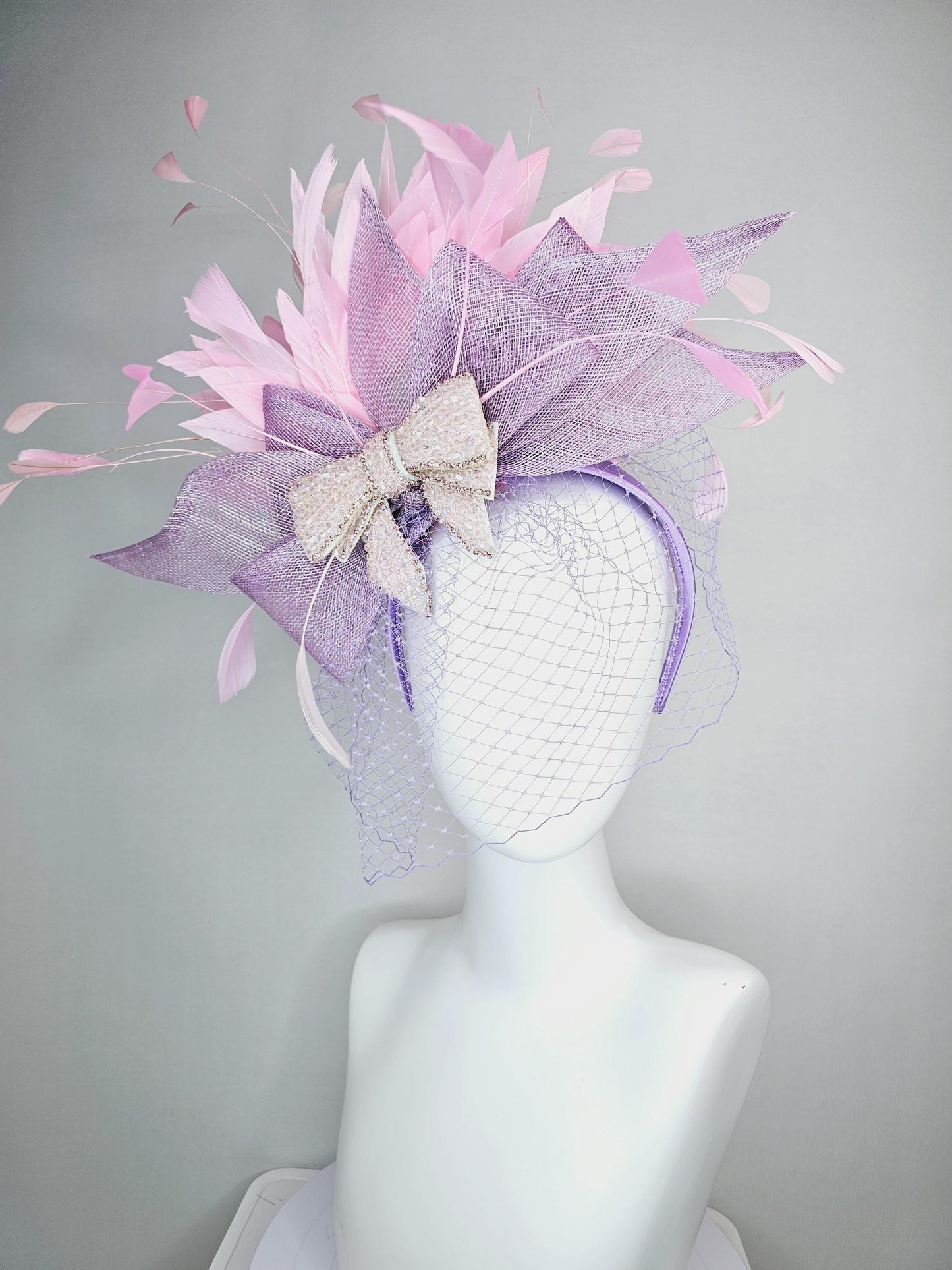 kentucky derby hat fascinator headband lavender purple sinamay bow light pink crystal beaded bow baby pink feathers with purple mesh veil