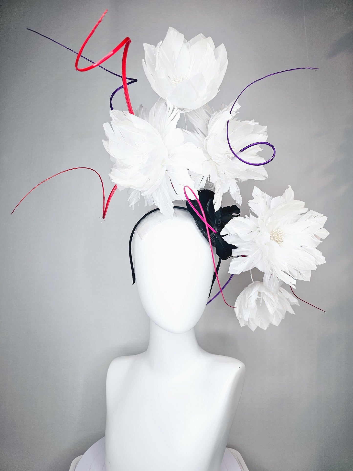 kentucky derby hat fascinator white large fluffy flowers with small black base and large curles purple red pink quills