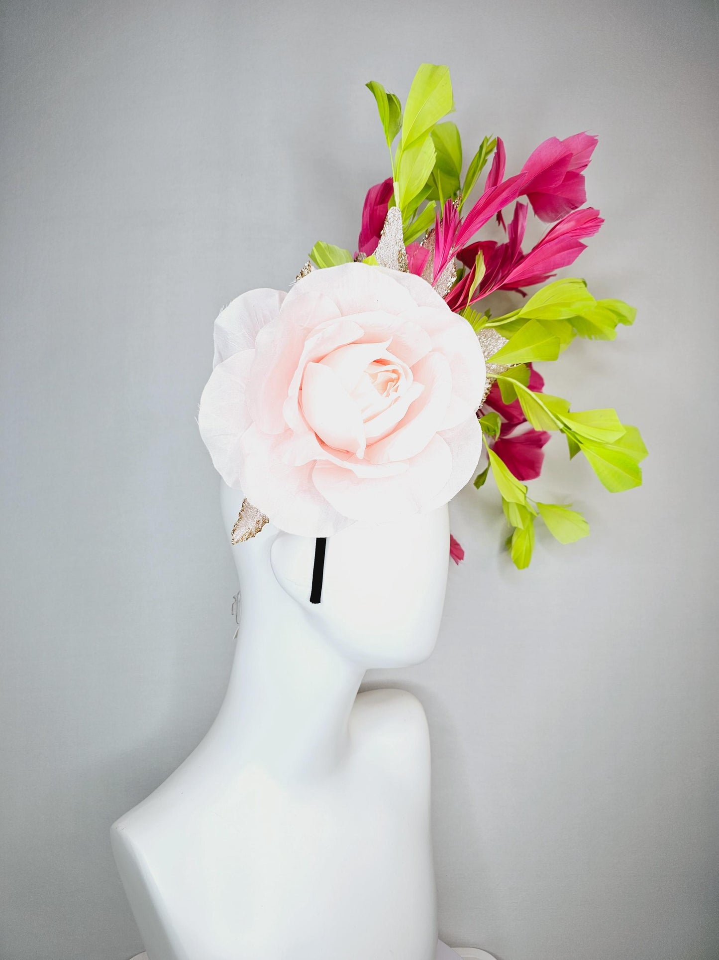 kentucky derby hat fascinator light baby pink satin rose flower with gold leaves and lime green hot pink branching feathers