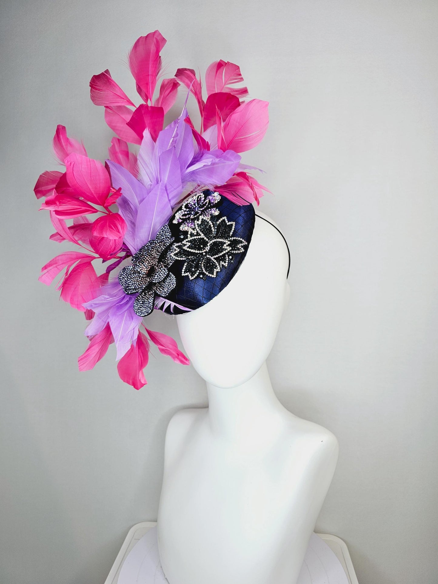 kentucky derby hat fascinator navy blue satin with netting black purple cooper crystal flowers embroidered hot pink lavender purple feathers