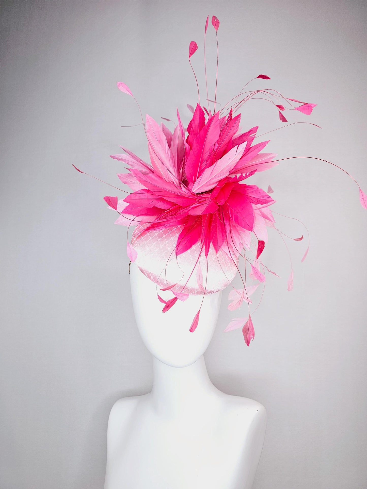 kentucky derby hat fascinator light pink satin with netting baby pink and hot bright pink fluffy feathers