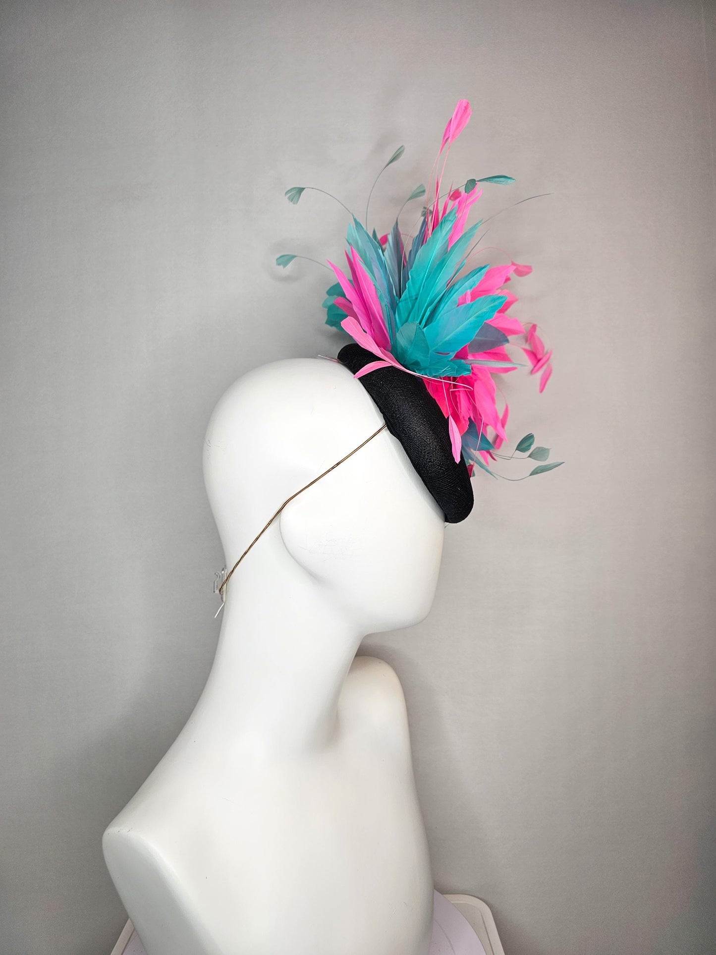 kentucky derby hat fascinator colorful black sinamay with sky aqua blue and fuchsia pink fluffy feathers