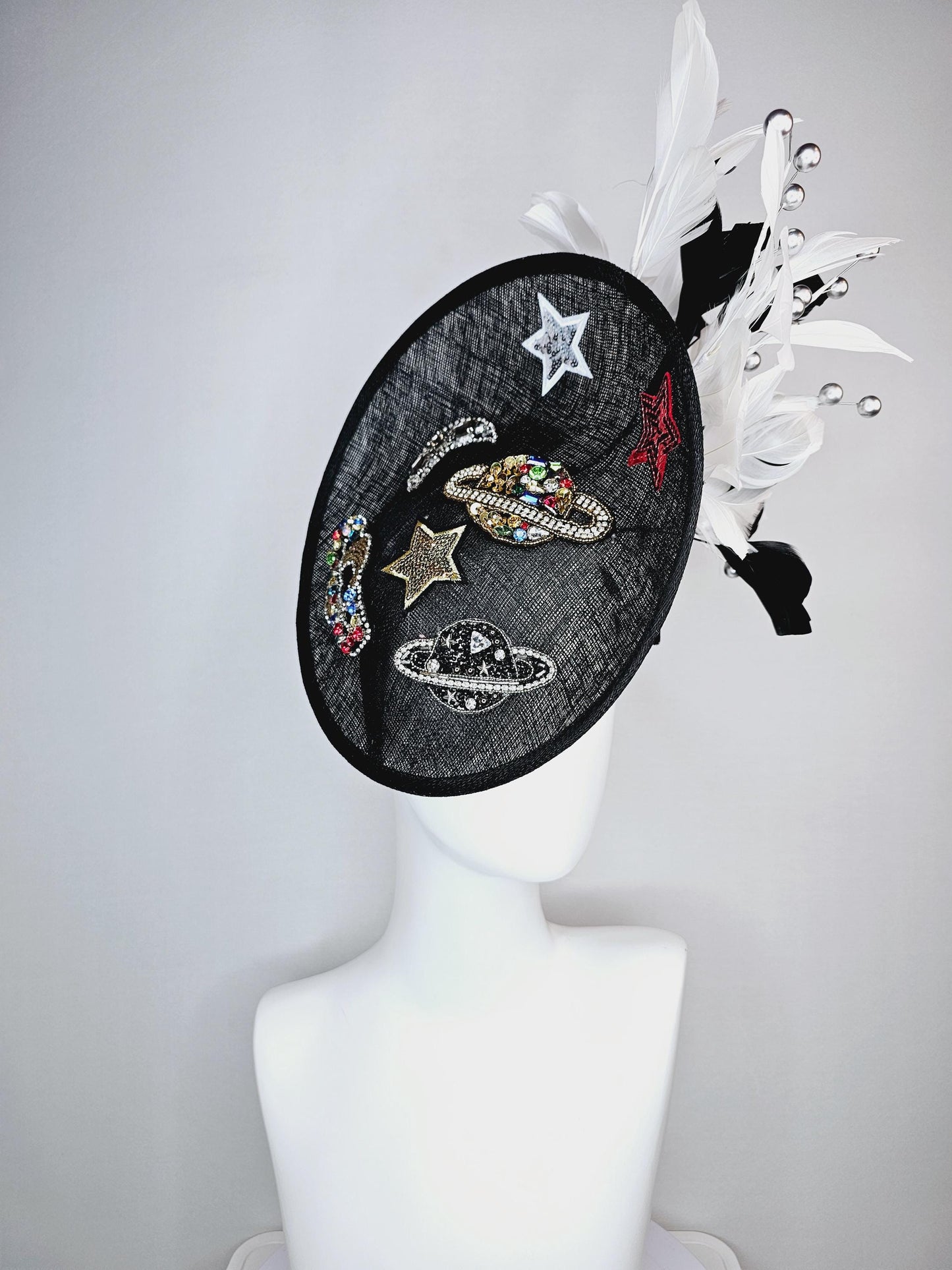 kentucky derby hat fascinator black sinamay sauce with black gold silver red blue green crystals and sequins beaded and black white feathers