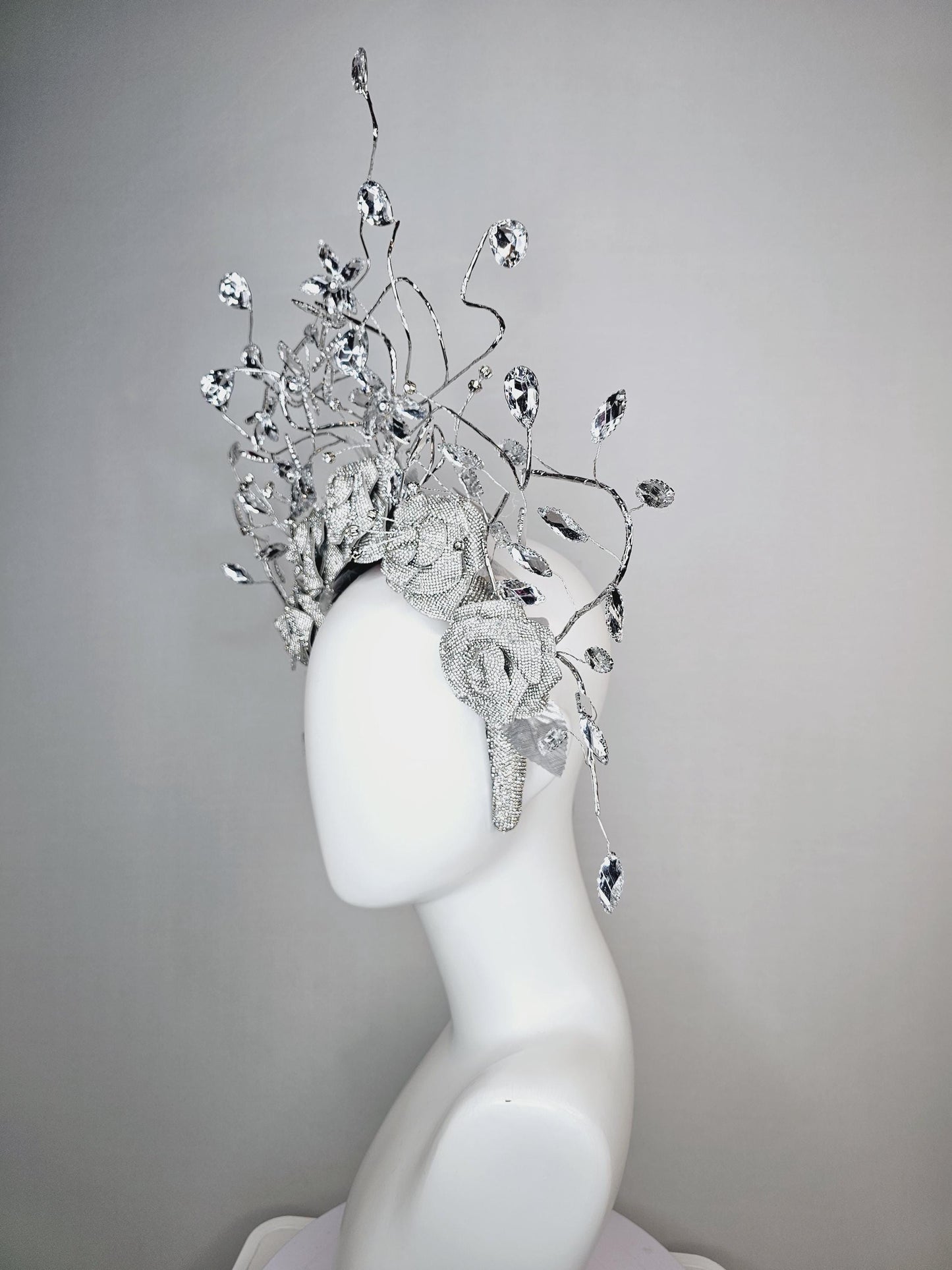 kentucky derby hat fascinator clear swarovski crystal headband with silver large flowers and rhinestone leaves