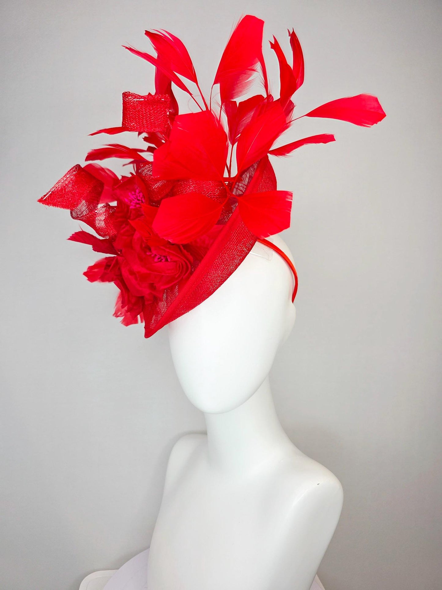 kentucky derby hat fascinator scarlet red sinamay saucer with curls red organza satin flowers with red leaves bright red branching feathers