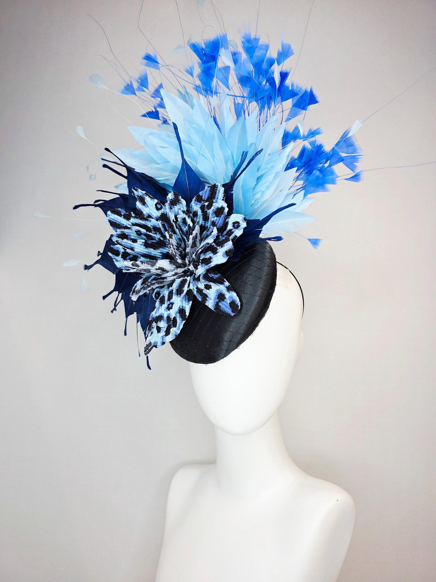 kentucky derby hat fascinator black satin with netting cheetah leopard black and blue pleated flower navy baby blue sky royal blue feathers